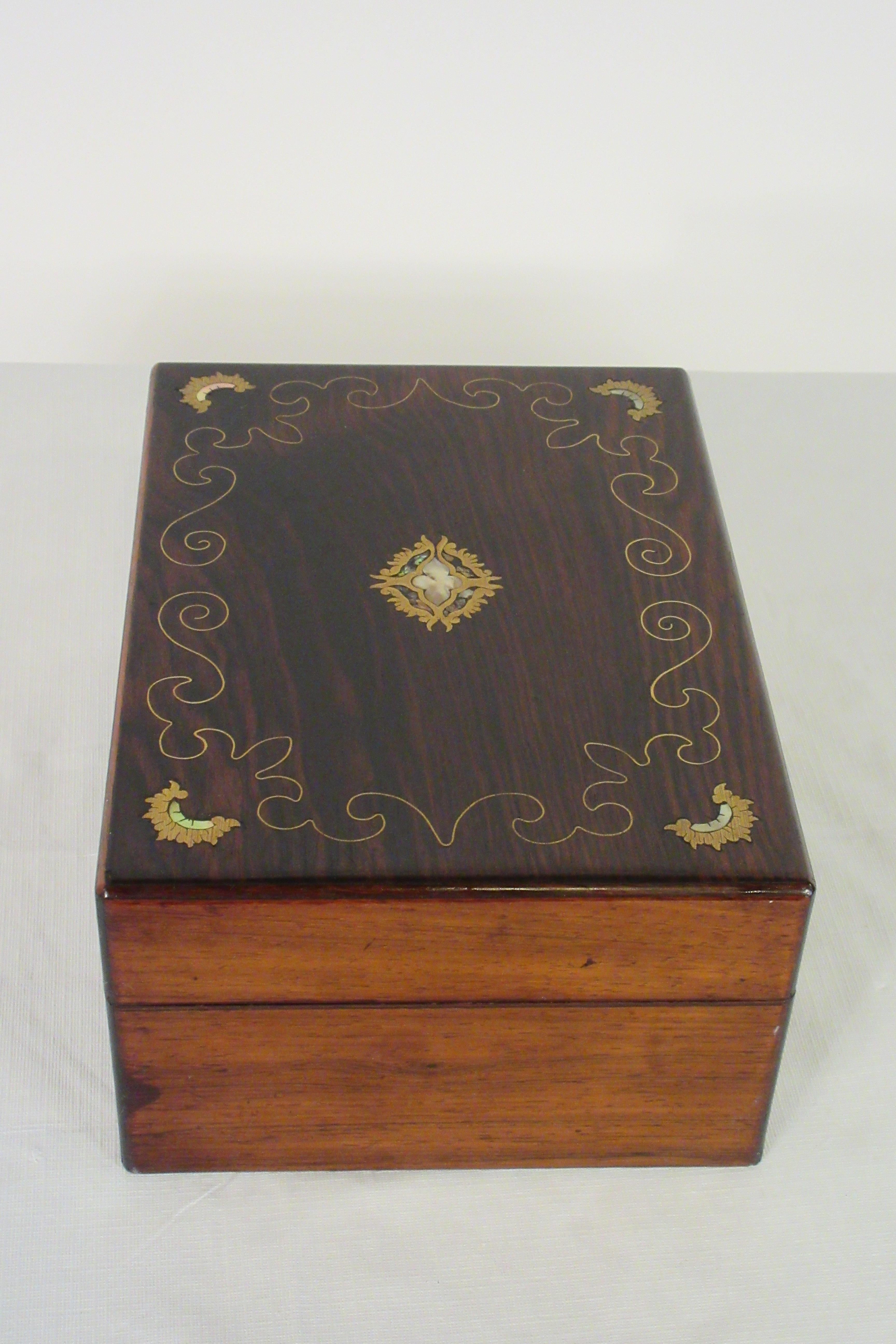 19th Century Wood and Brass Inlaid Mother of Pearl Box 2