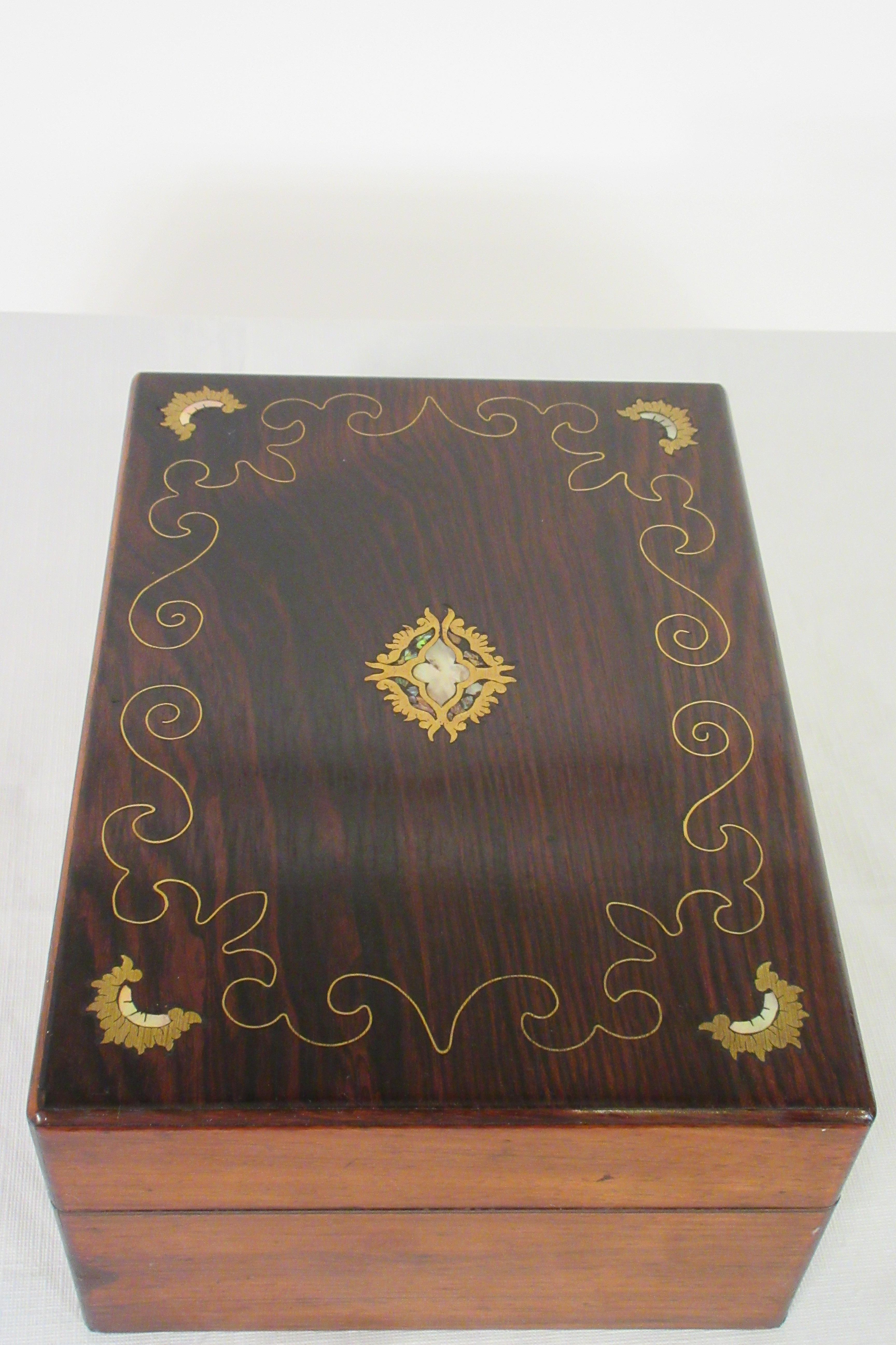 19th Century Wood and Brass Inlaid Mother of Pearl Box 3
