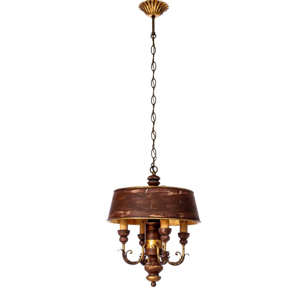 Interesting pendant with gold brush lines both inside and out. Wooden features and four E14 bulbs.