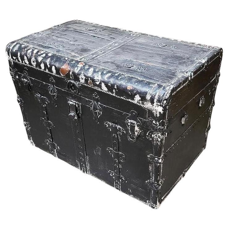 19th Century Wood and Metal Steamer Trunk with Leather Edges