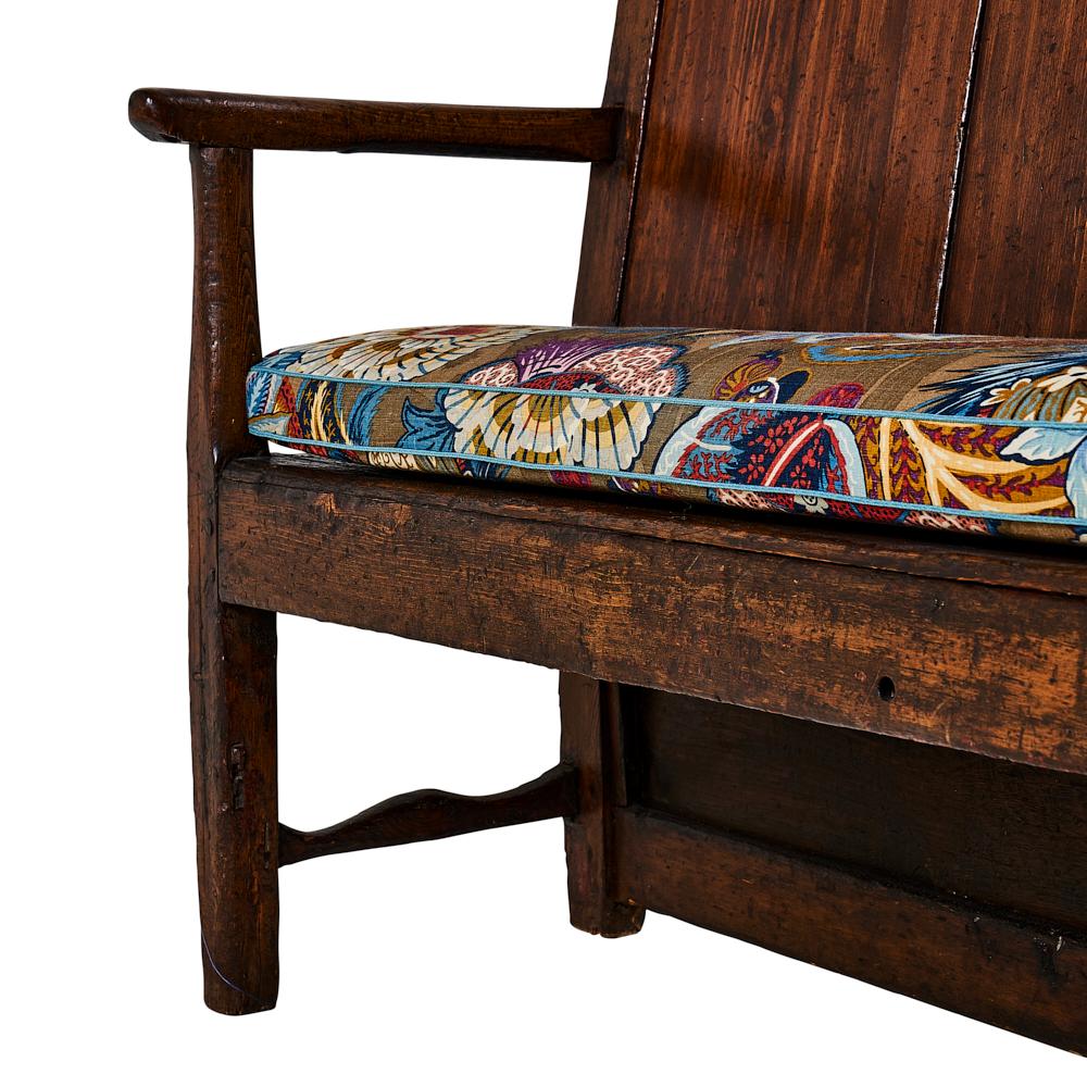 19th Century Wood Bench with Schumacher Zanzibar Linen Print Cushion, England 3