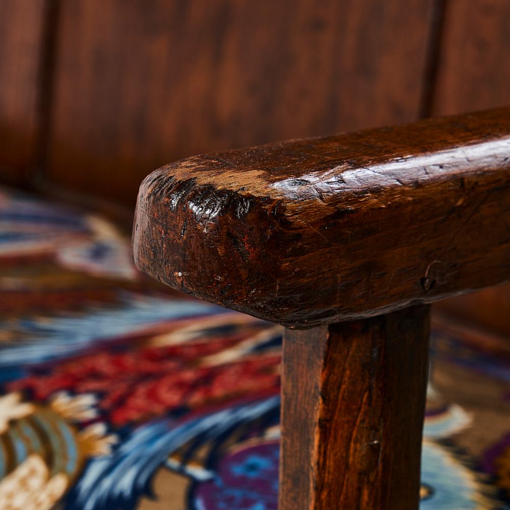 Fabric 19th Century Wood Bench with Schumacher Zanzibar Linen Print Cushion, England