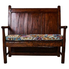 19th Century Wood Bench with Schumacher Zanzibar Linen Print Cushion, England