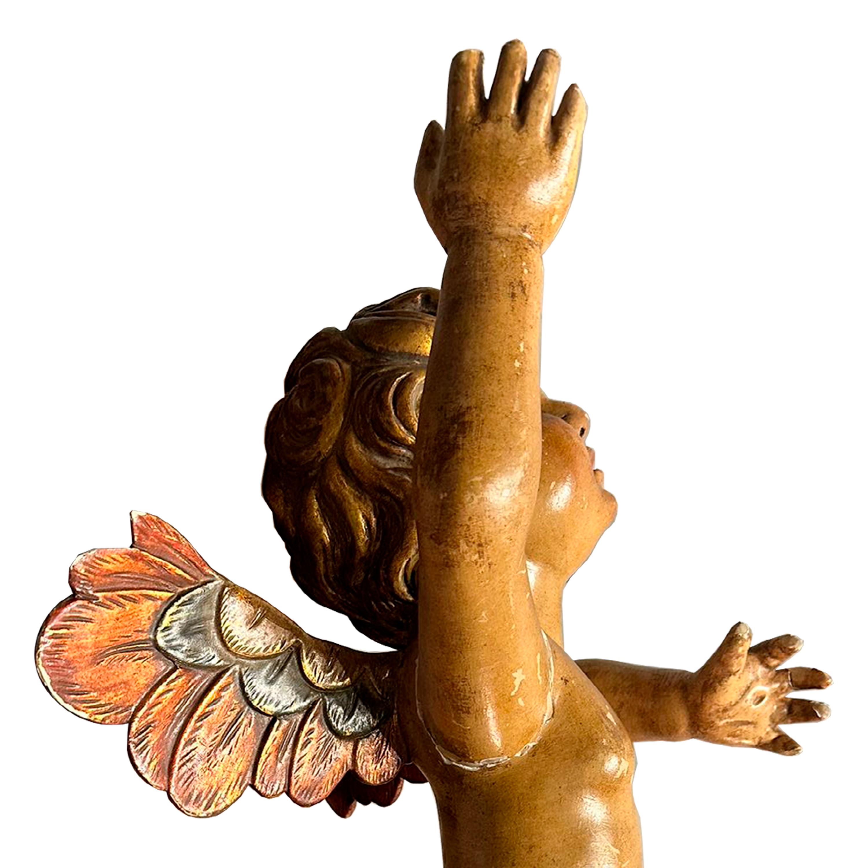 Hand-Painted 19th Century Wood Carved Angel Sculpture, Spain, 1800 For Sale