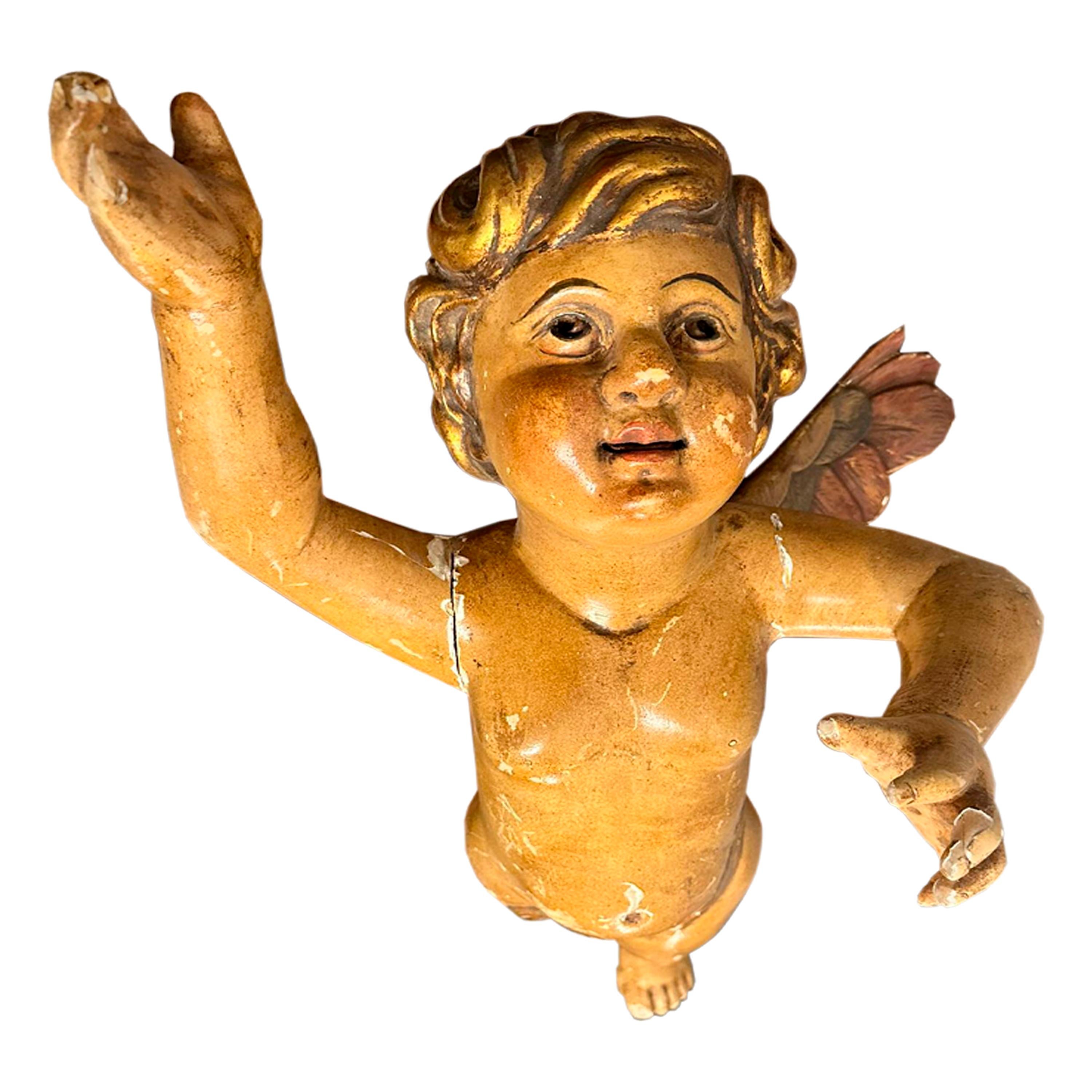 19th Century Wood Carved Angel Sculpture, Spain, 1800 In Good Condition For Sale In Madrid, ES