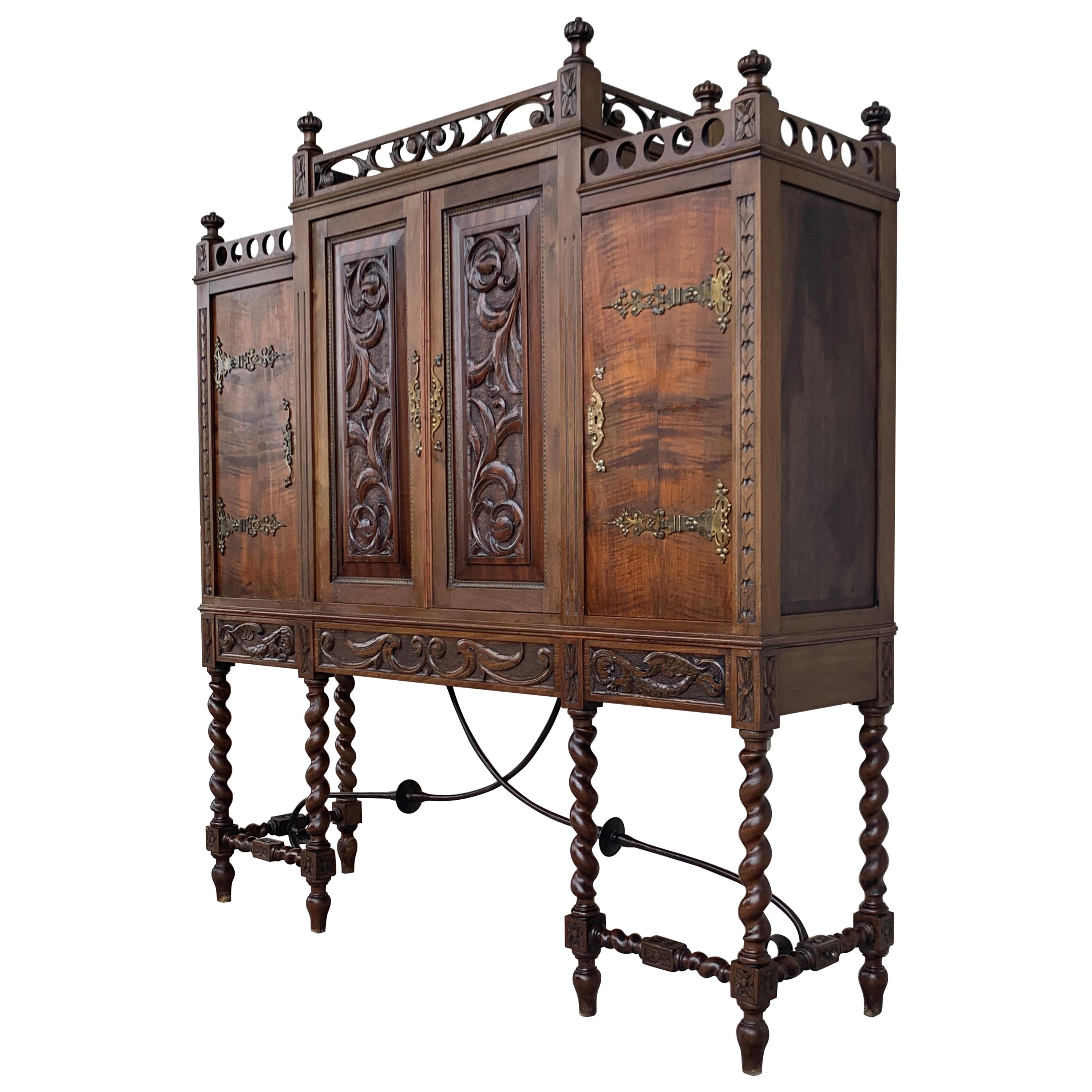 19th Century Wood Carved Cupboard, Cabinet on Stand with Iron Stretcher