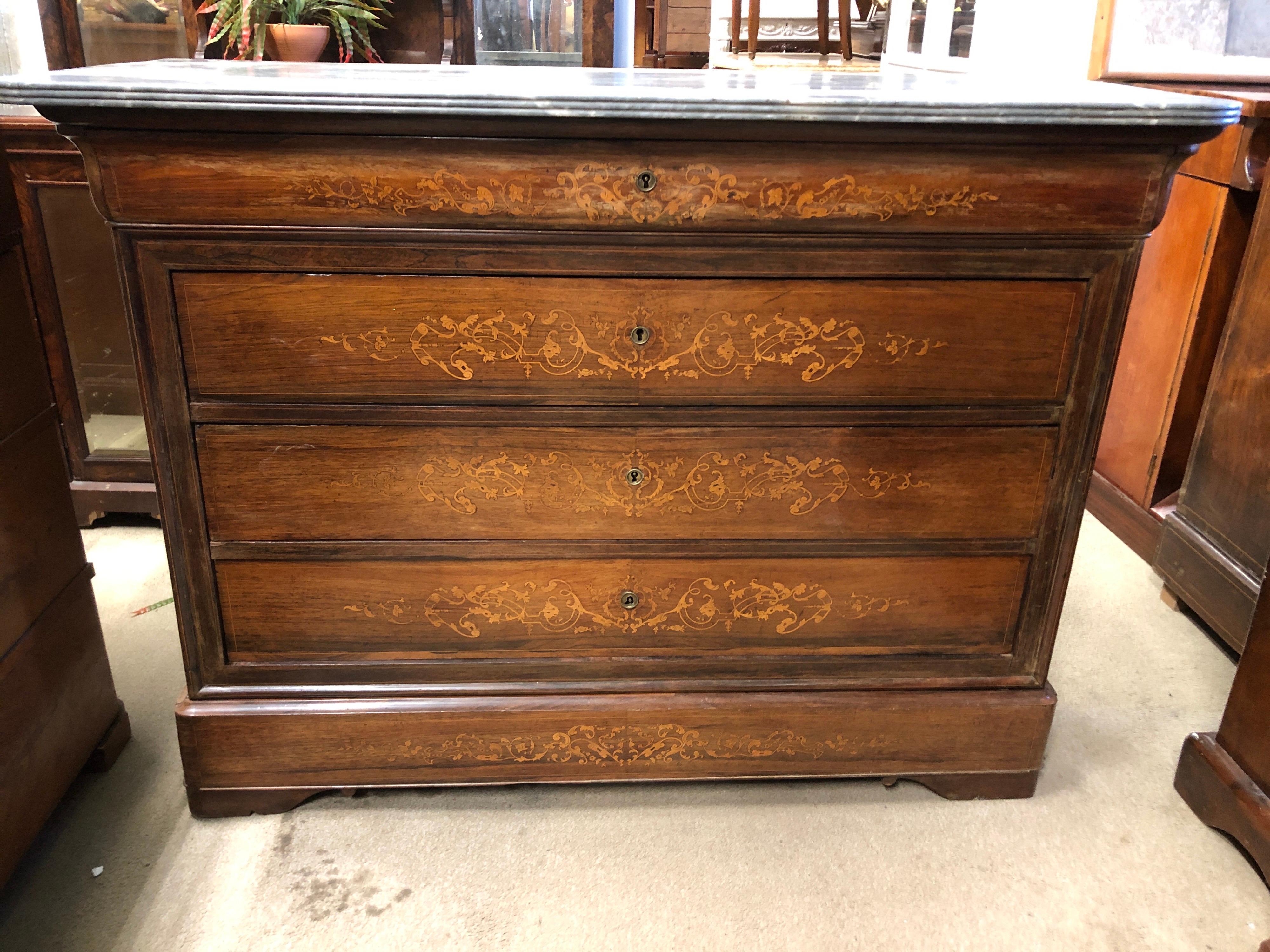 French 19th Century Wood Charles X Rosewood Inlay Chest of Drawers Marble Top, 1830s