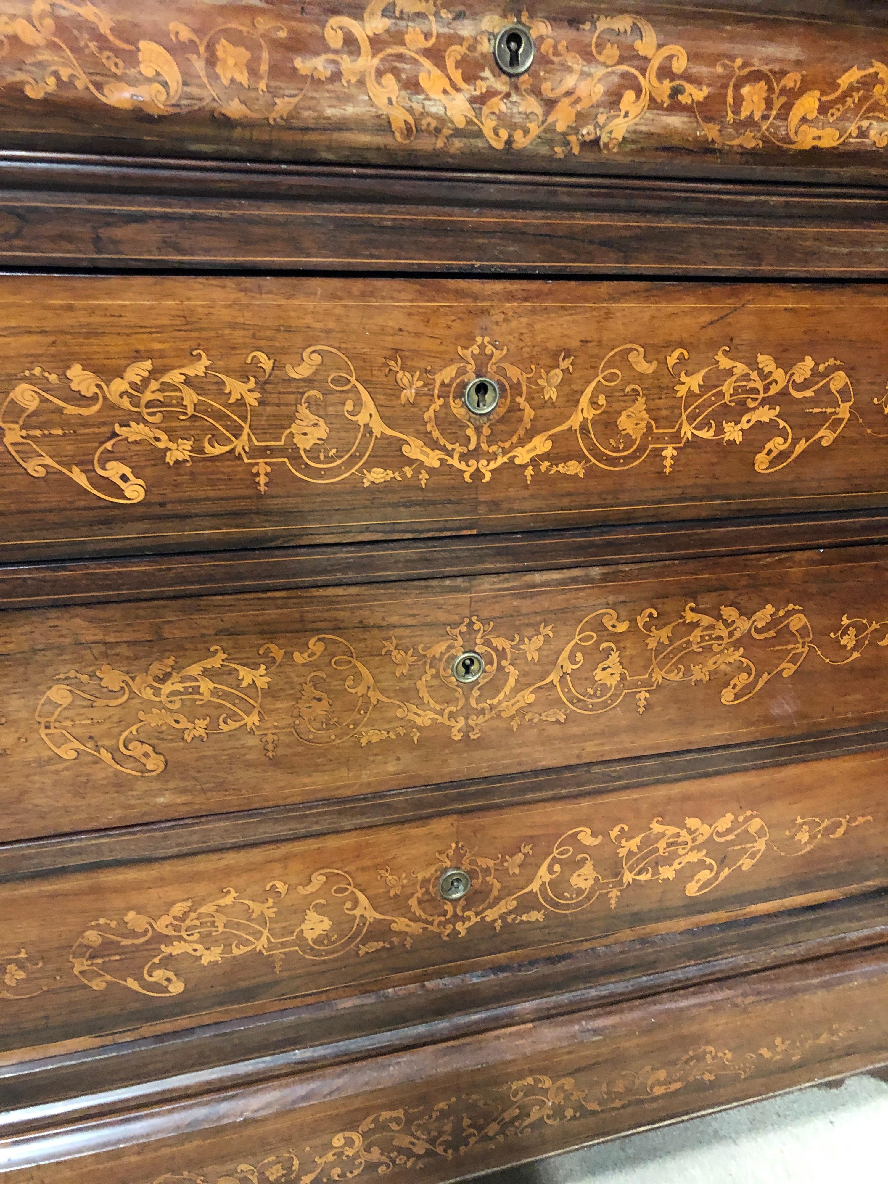 Early 19th Century 19th Century Wood Charles X Rosewood Inlay Chest of Drawers Marble Top, 1830s