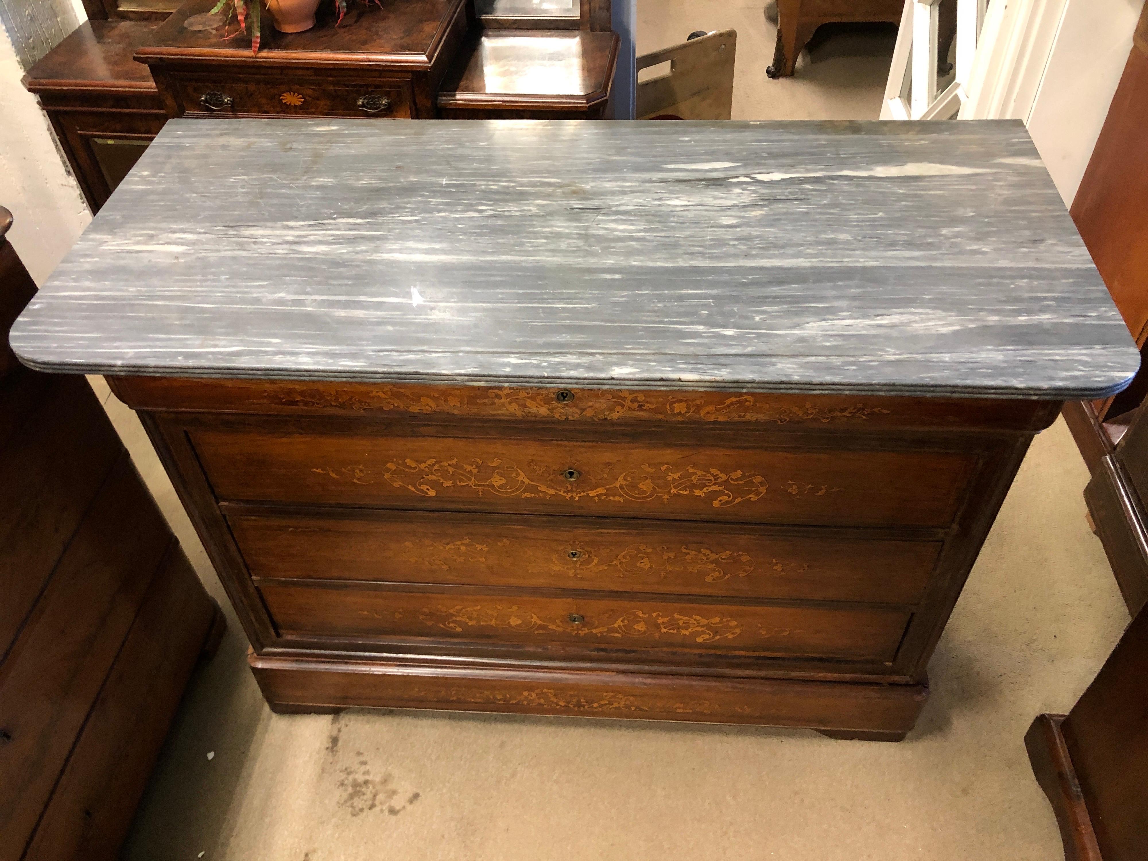 19th Century Wood Charles X Rosewood Inlay Chest of Drawers Marble Top, 1830s 1