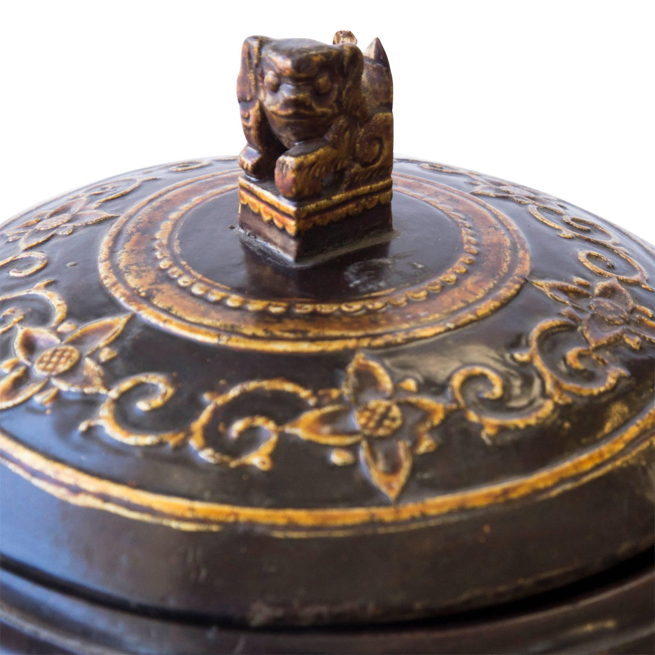 Handmade 19th century fluted round wooden container and lid with relief and 