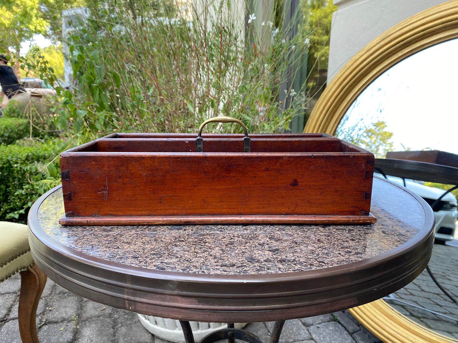 19th century wood cutlery tray / box with brass handle.
