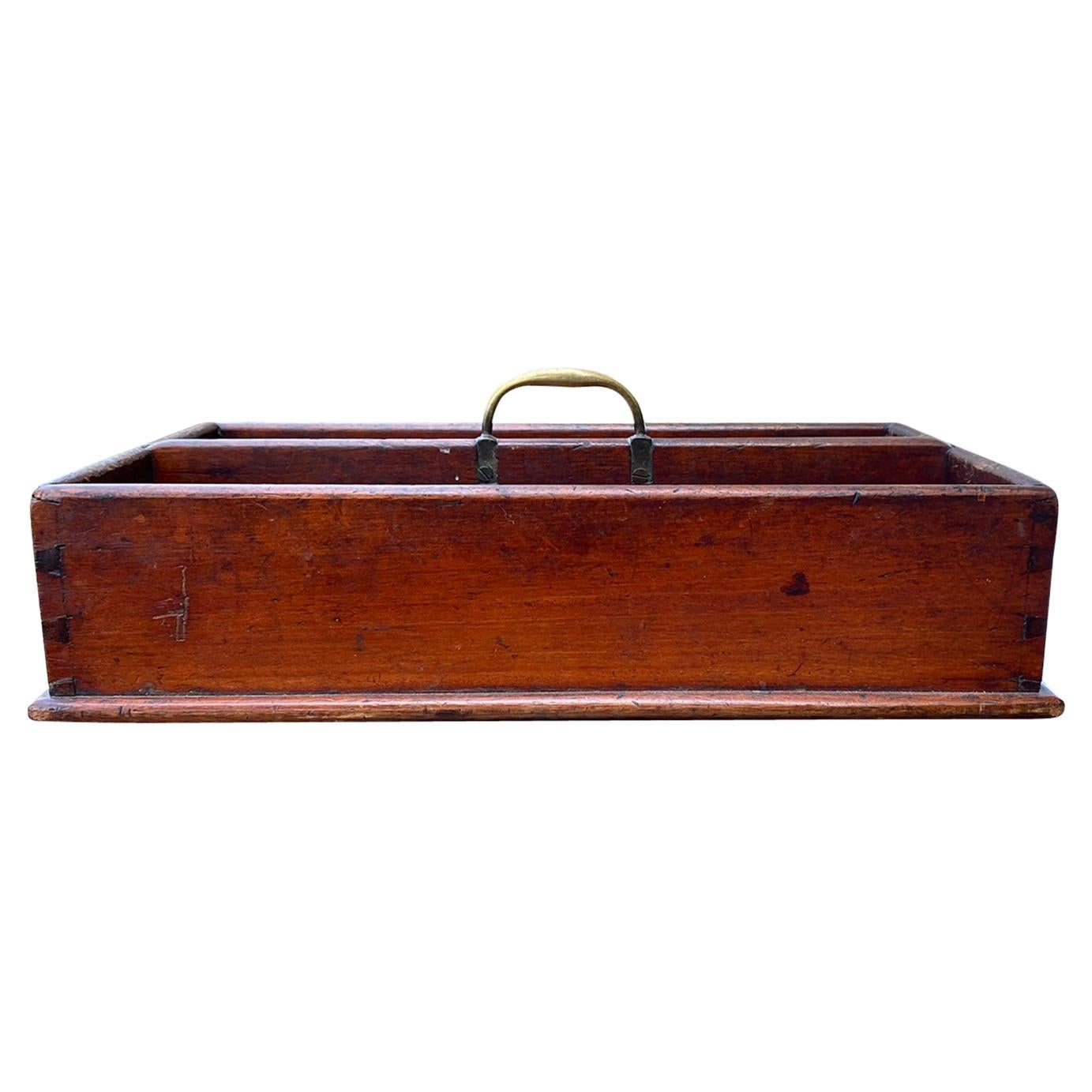 19th Century Wood Cutlery Tray / Box with Brass Handle