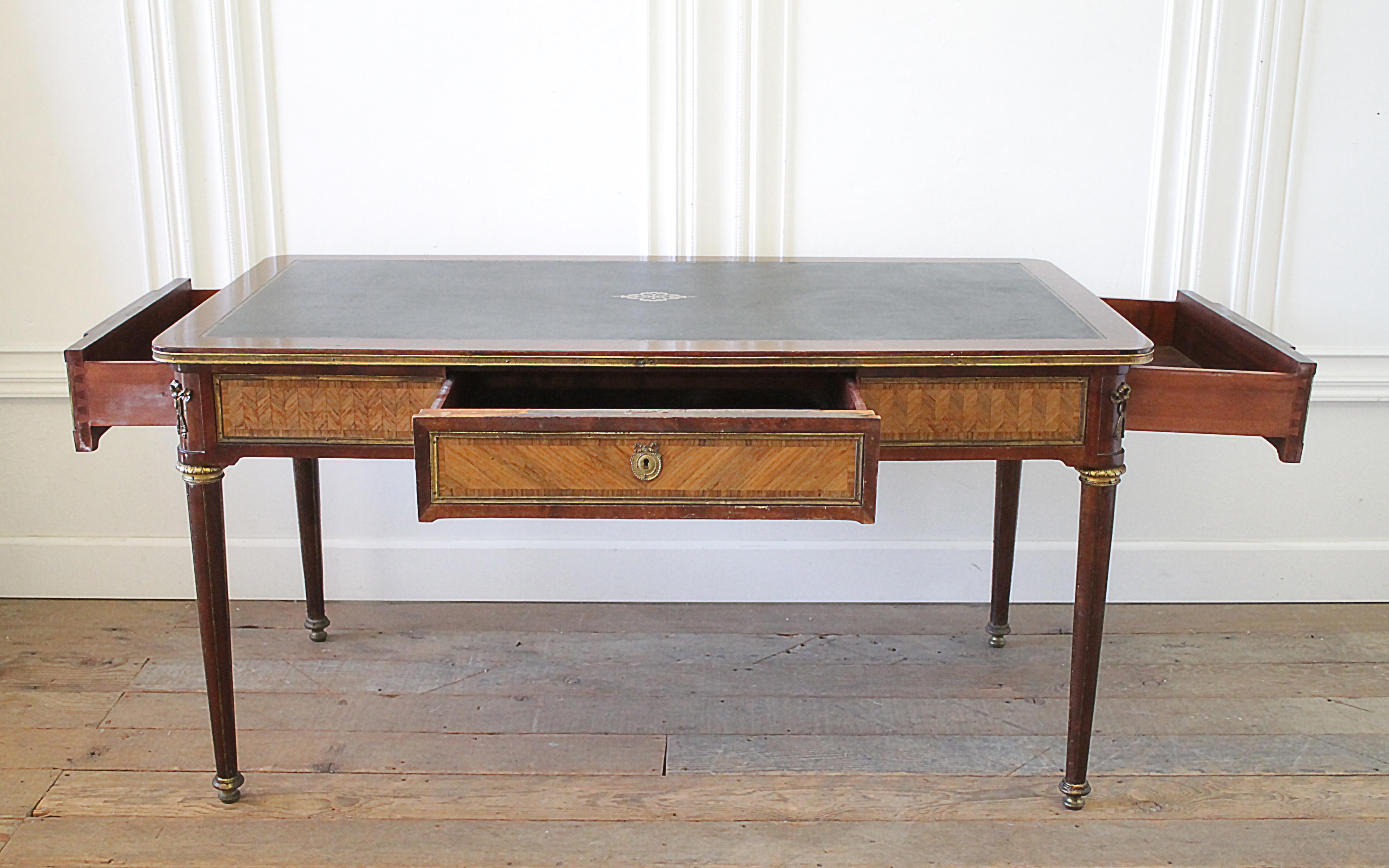 European 19th Century Wood Inlay Louis XVI Style Leather Top Desk