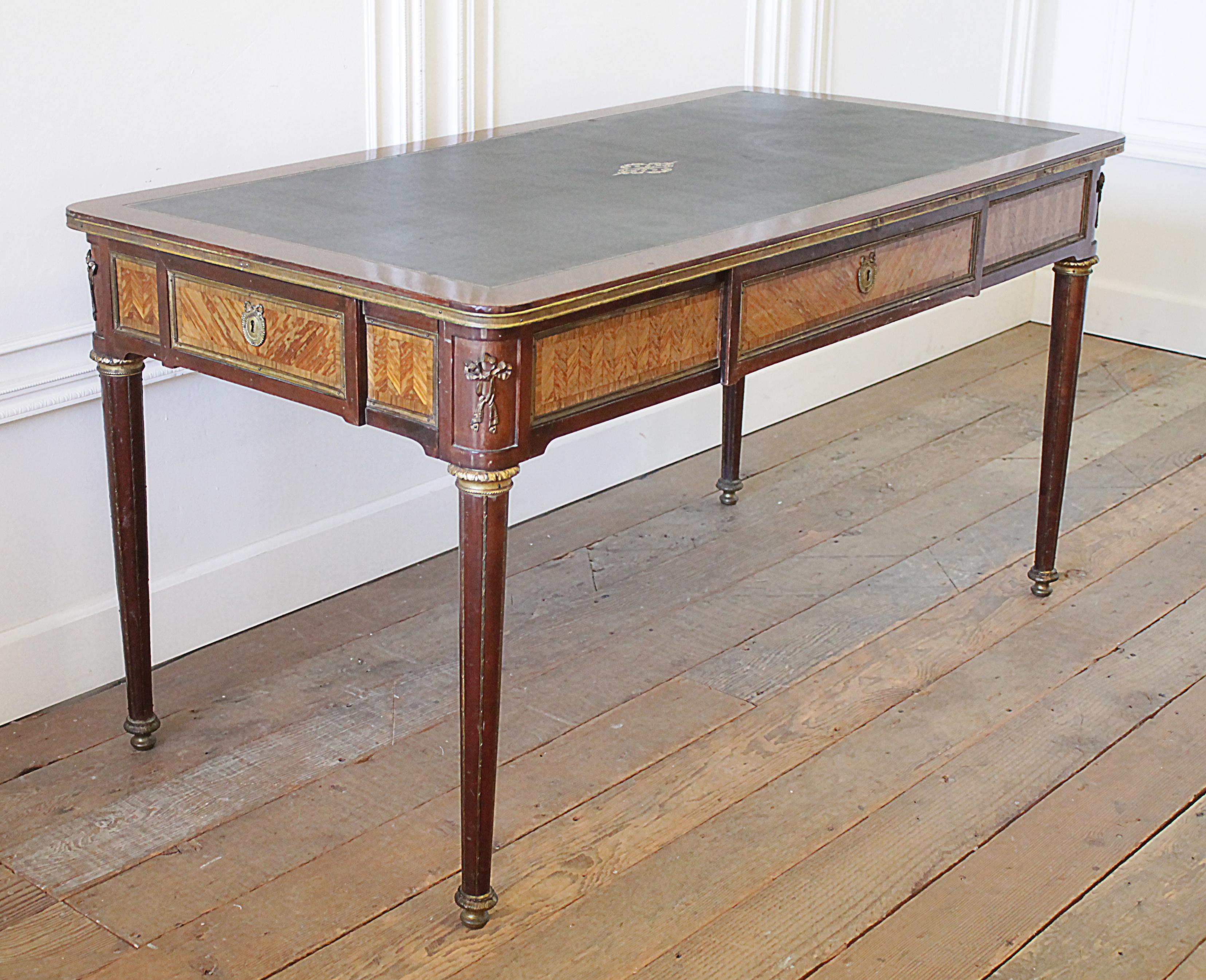19th Century Wood Inlay Louis XVI Style Leather Top Desk In Good Condition In Brea, CA