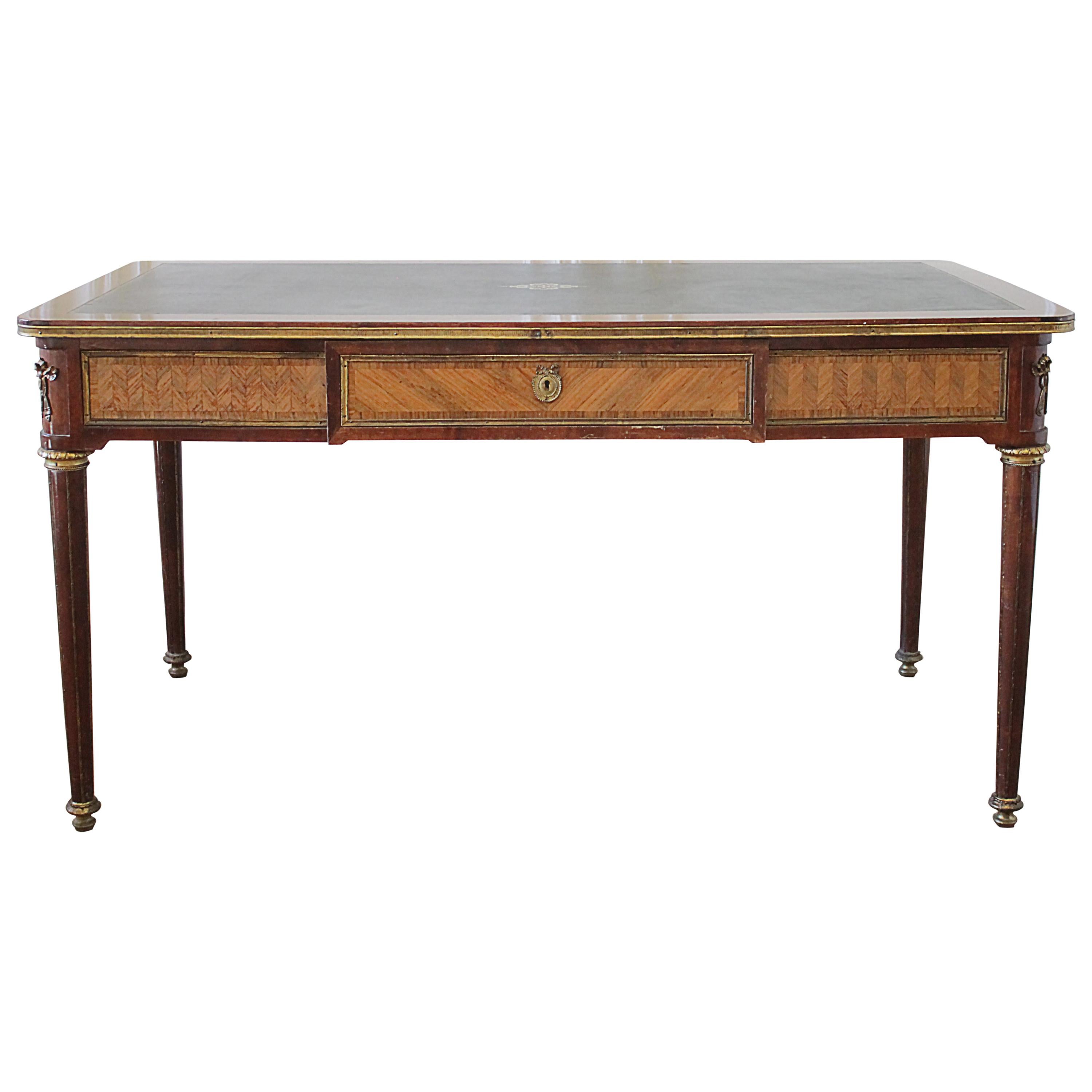 19th Century Wood Inlay Louis XVI Style Leather Top Desk