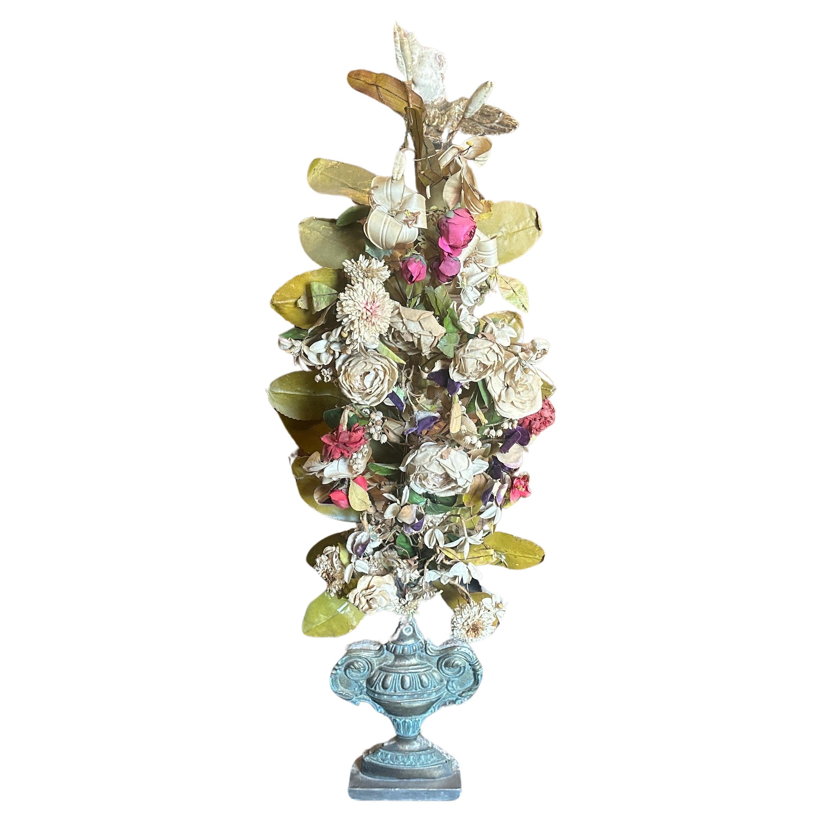 Italienischer dekorativer Palmenhalter aus Holz mit Blumenkomposition aus dem 19. Jahrhundert