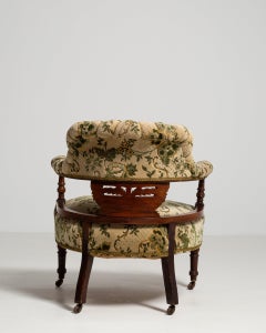 19th Century Wood Mahogany & Inlaid Armchair With Floral Upholstery