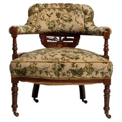 19th Century Wood Mahogany & Inlaid Armchair With Floral Upholstery