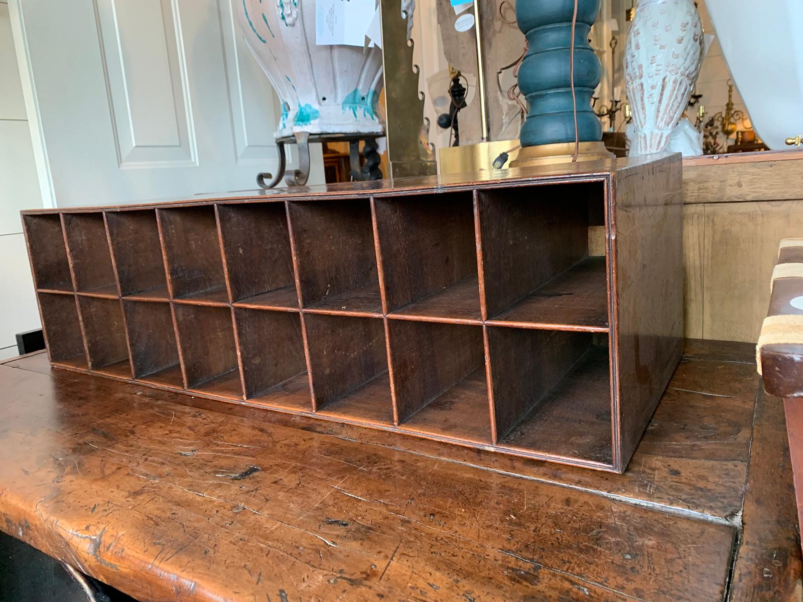 19th century wood organizer with 16 compartments
Beautiful patina
Mailboxes, storage shelves.