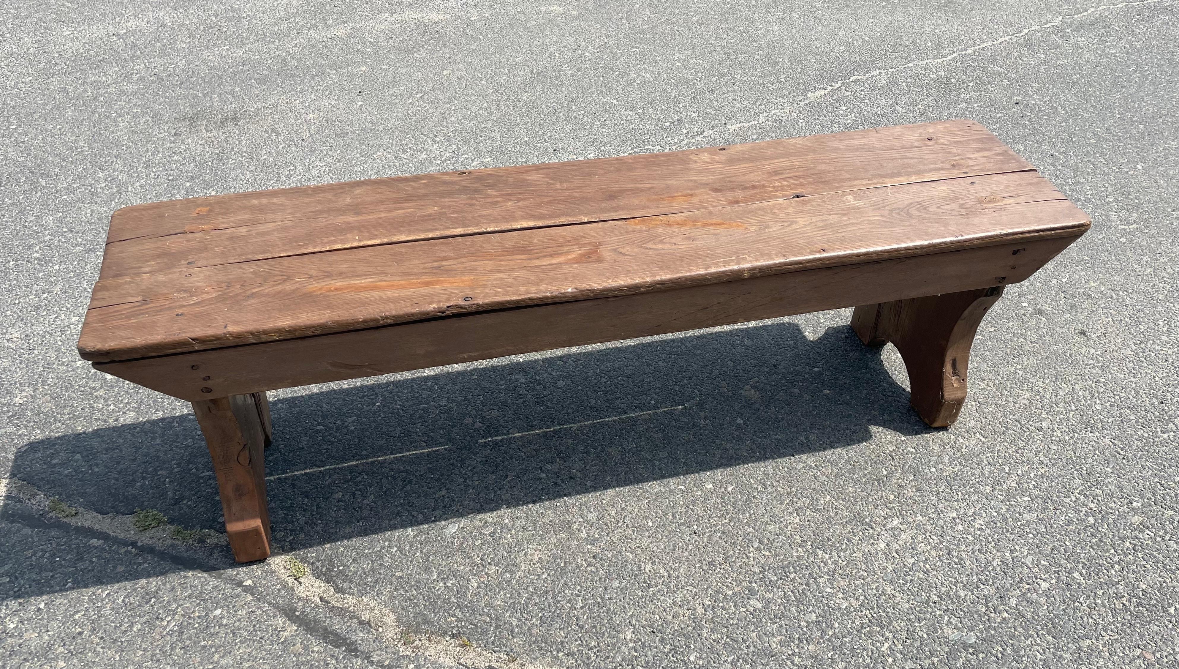 Pine 19th Century Wooden Bench in Brown Paint For Sale