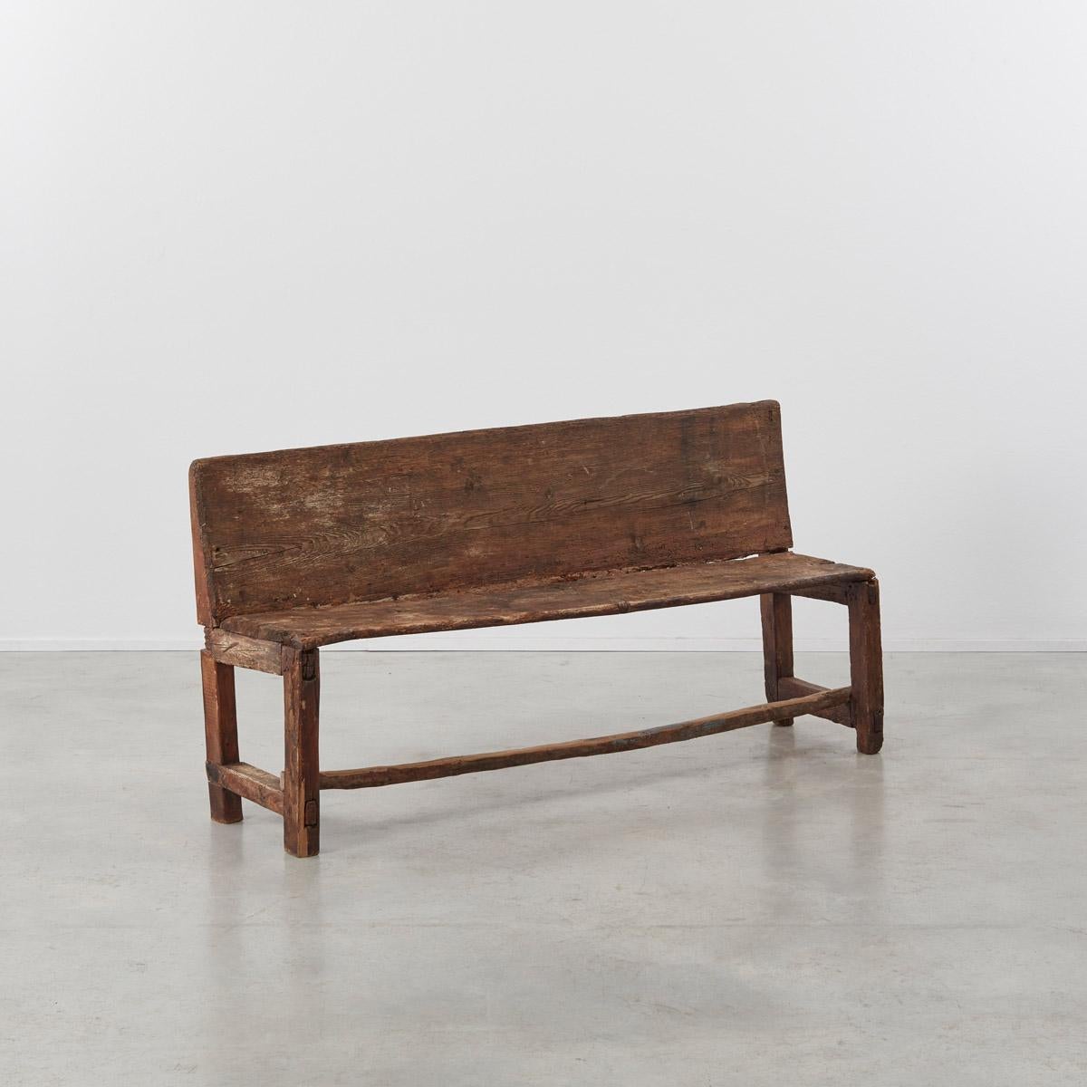 This simply made aged wooden bench from the Pyrenees has bags of patina. The surfaces of the wood show a gnarled and open grain, rich with history. It oozes Wabi Sabi.

Its structural integrity has been reduced over the years so it is perhaps best