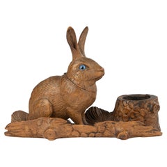 19th Century Wooden Carved Rabbit Sculpture - Black Forest - Inkwell