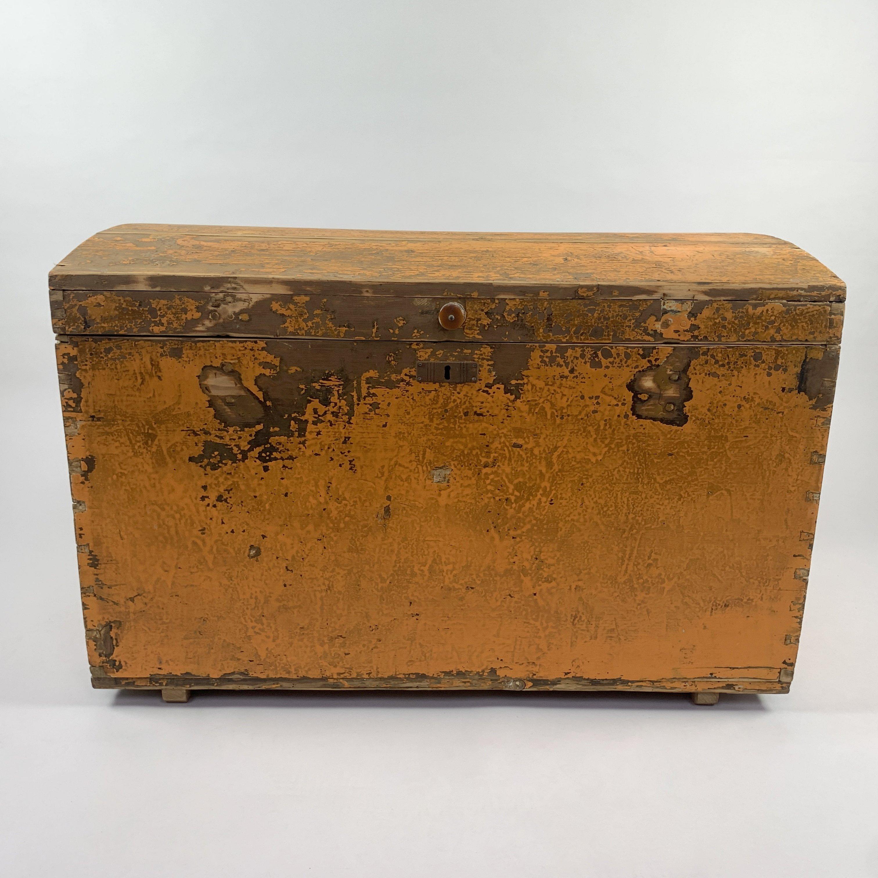 19th century antique wooden chest or floor trunk.