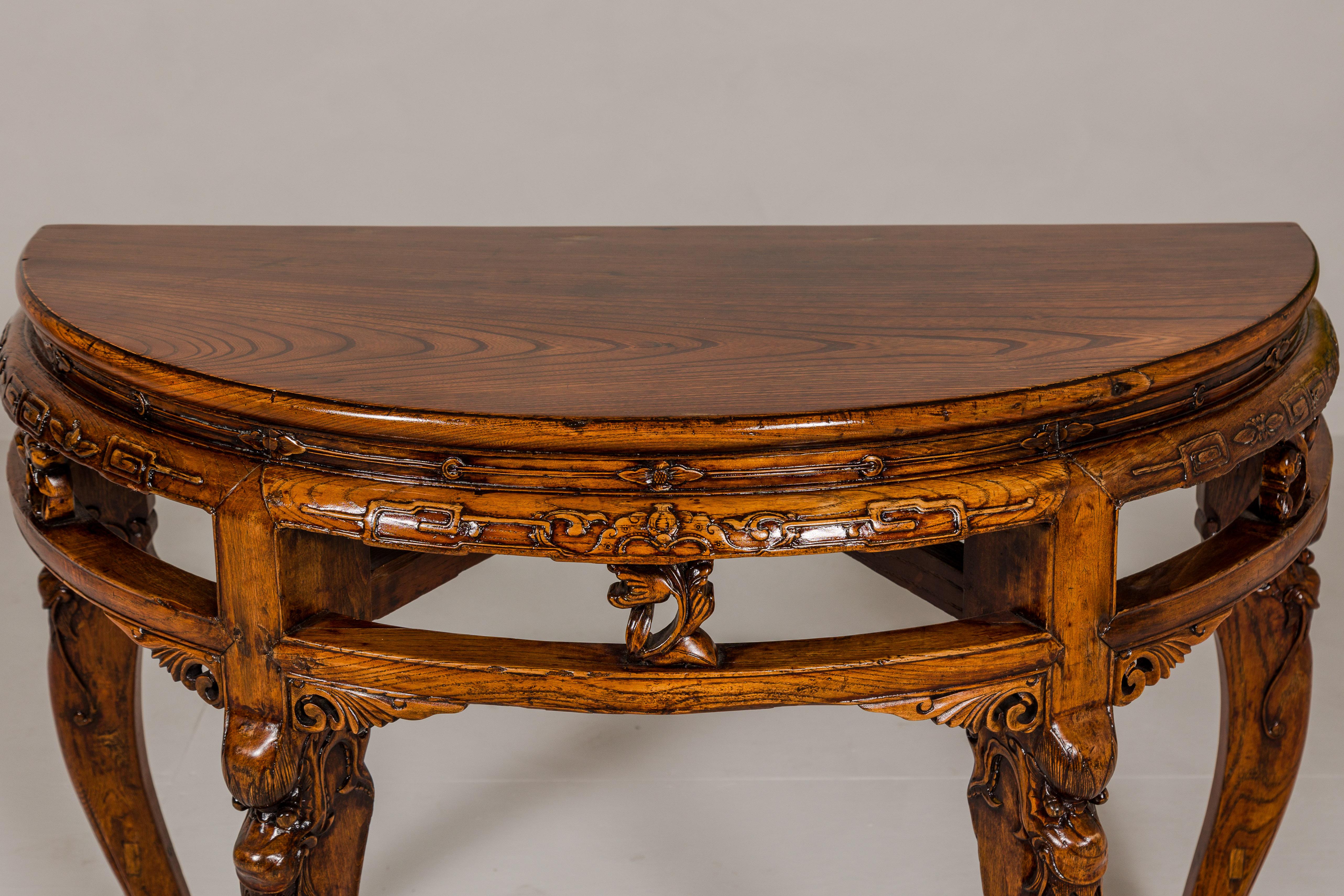 19th Century Wooden Demilune Table with Carved Mythical Creatures For Sale 6