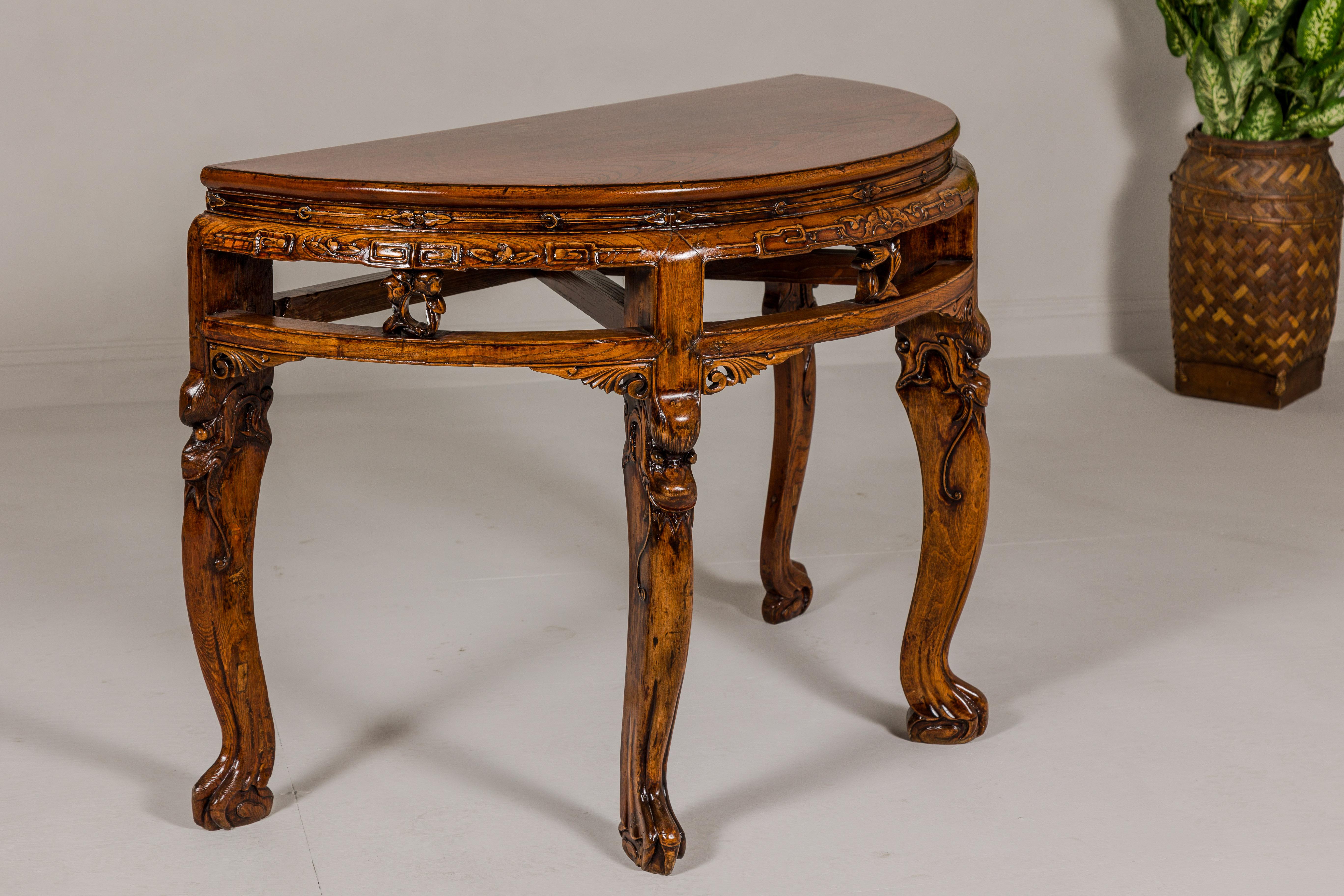 19th Century Wooden Demilune Table with Carved Mythical Creatures For Sale 7
