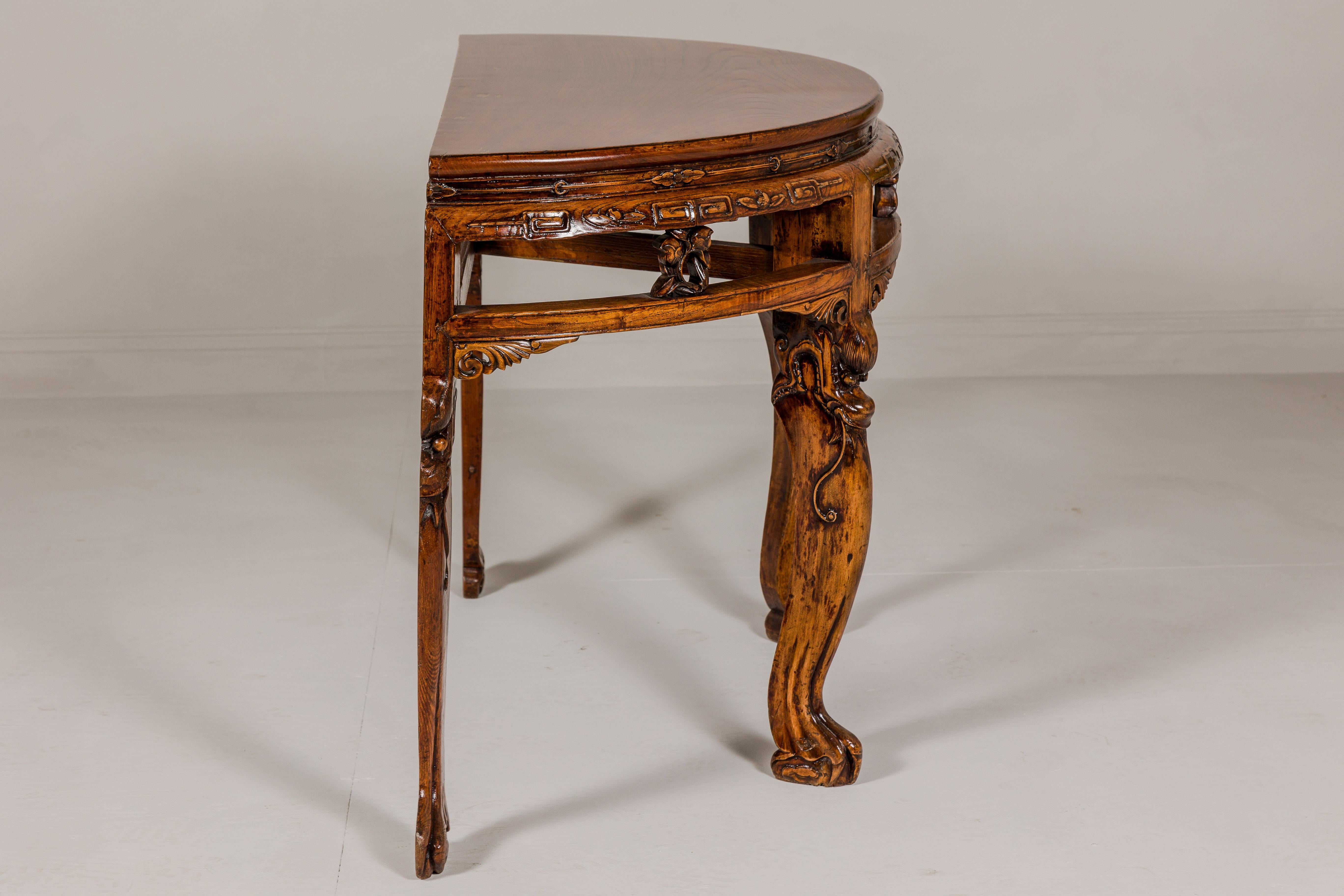 19th Century Wooden Demilune Table with Carved Mythical Creatures For Sale 8