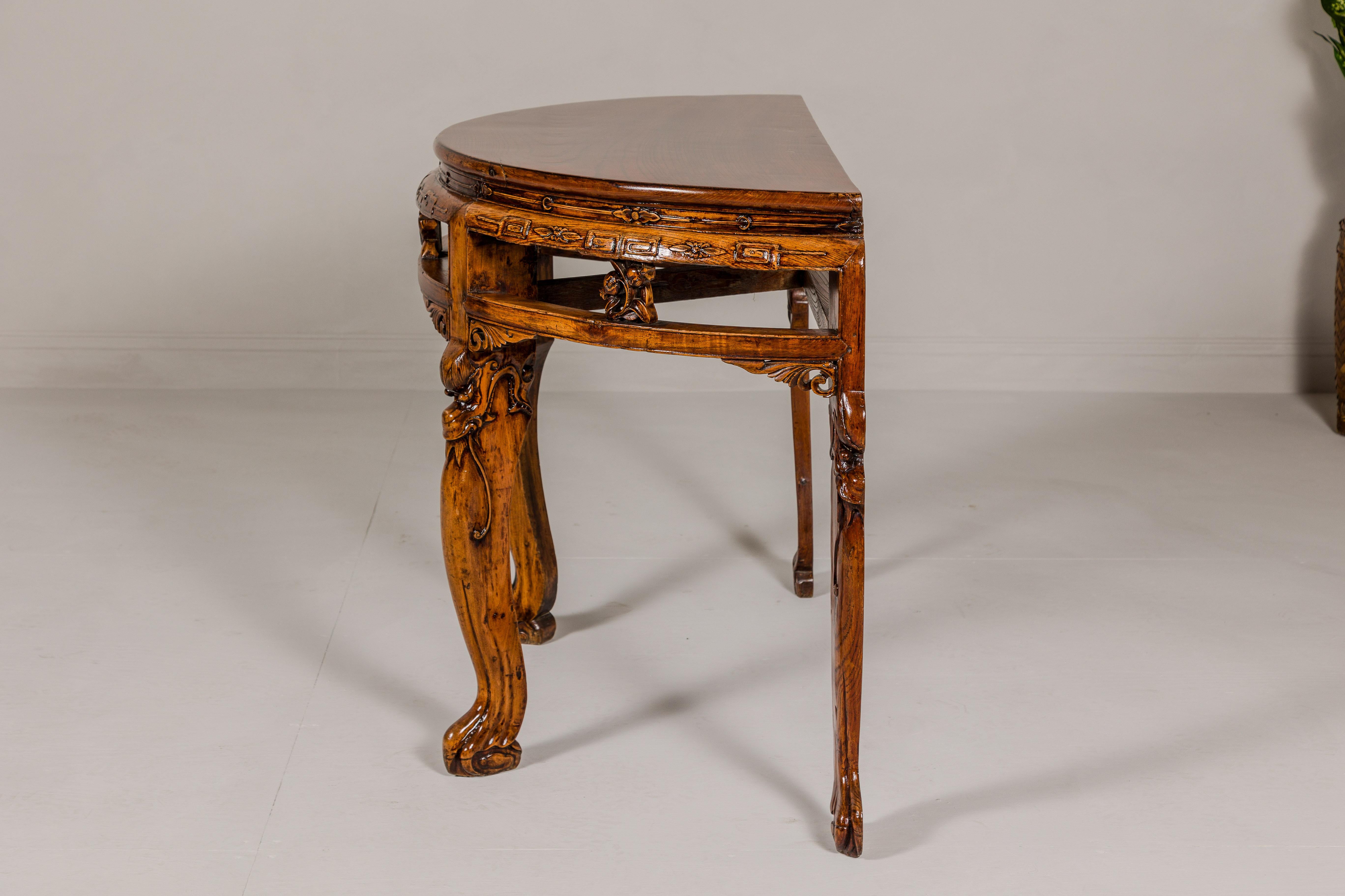19th Century Wooden Demilune Table with Carved Mythical Creatures For Sale 10