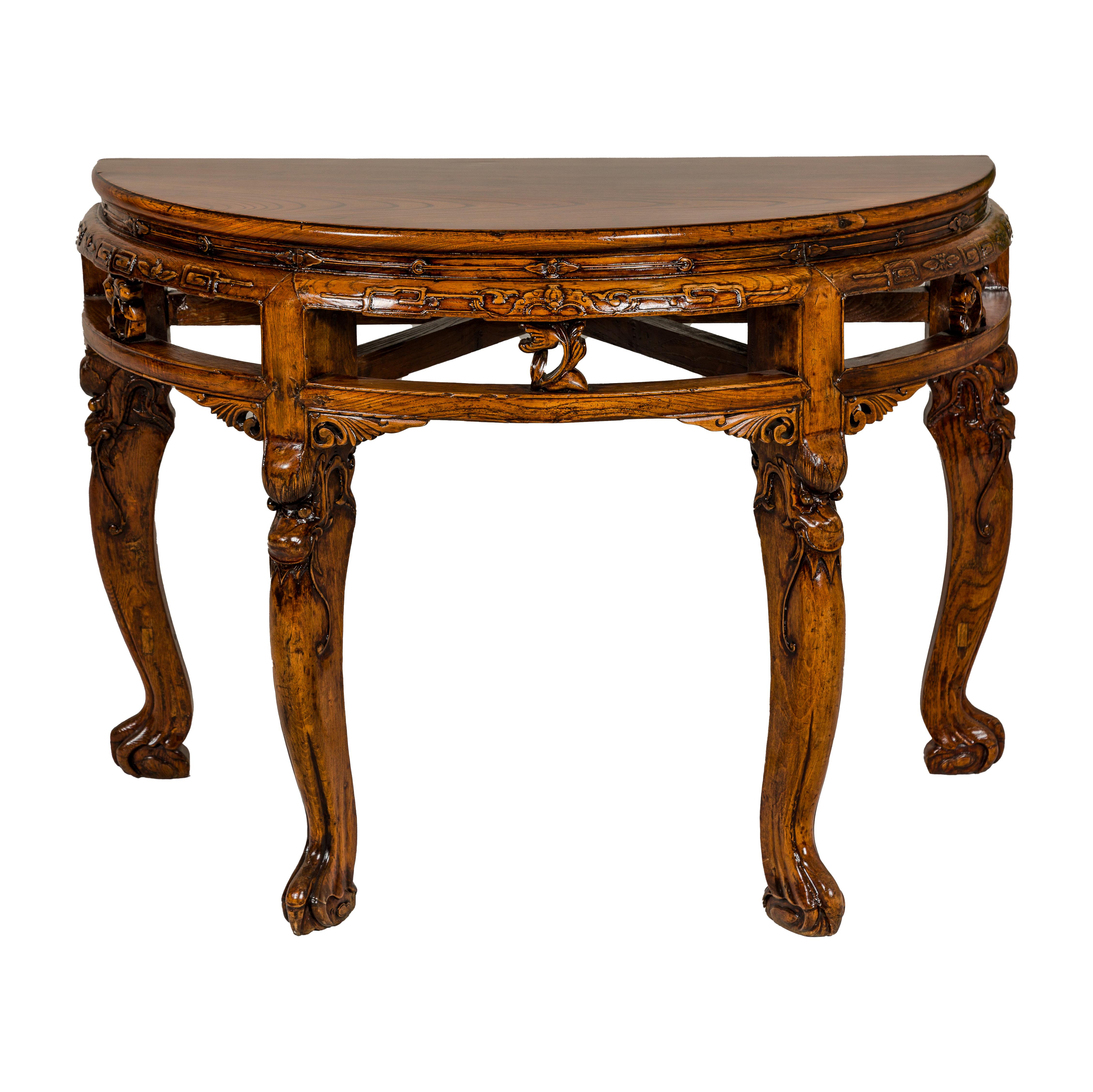 19th Century Wooden Demilune Table with Carved Mythical Creatures For Sale 12