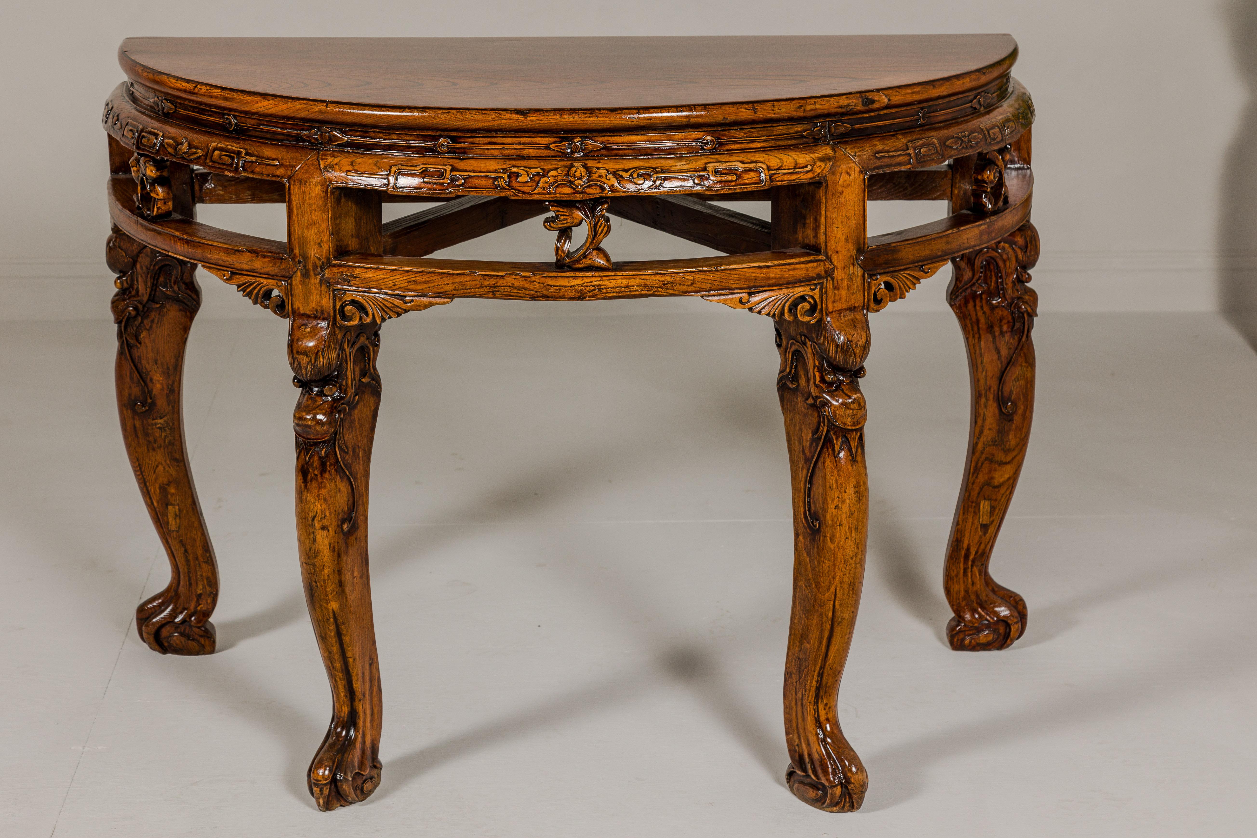 Qing 19th Century Wooden Demilune Table with Carved Mythical Creatures For Sale
