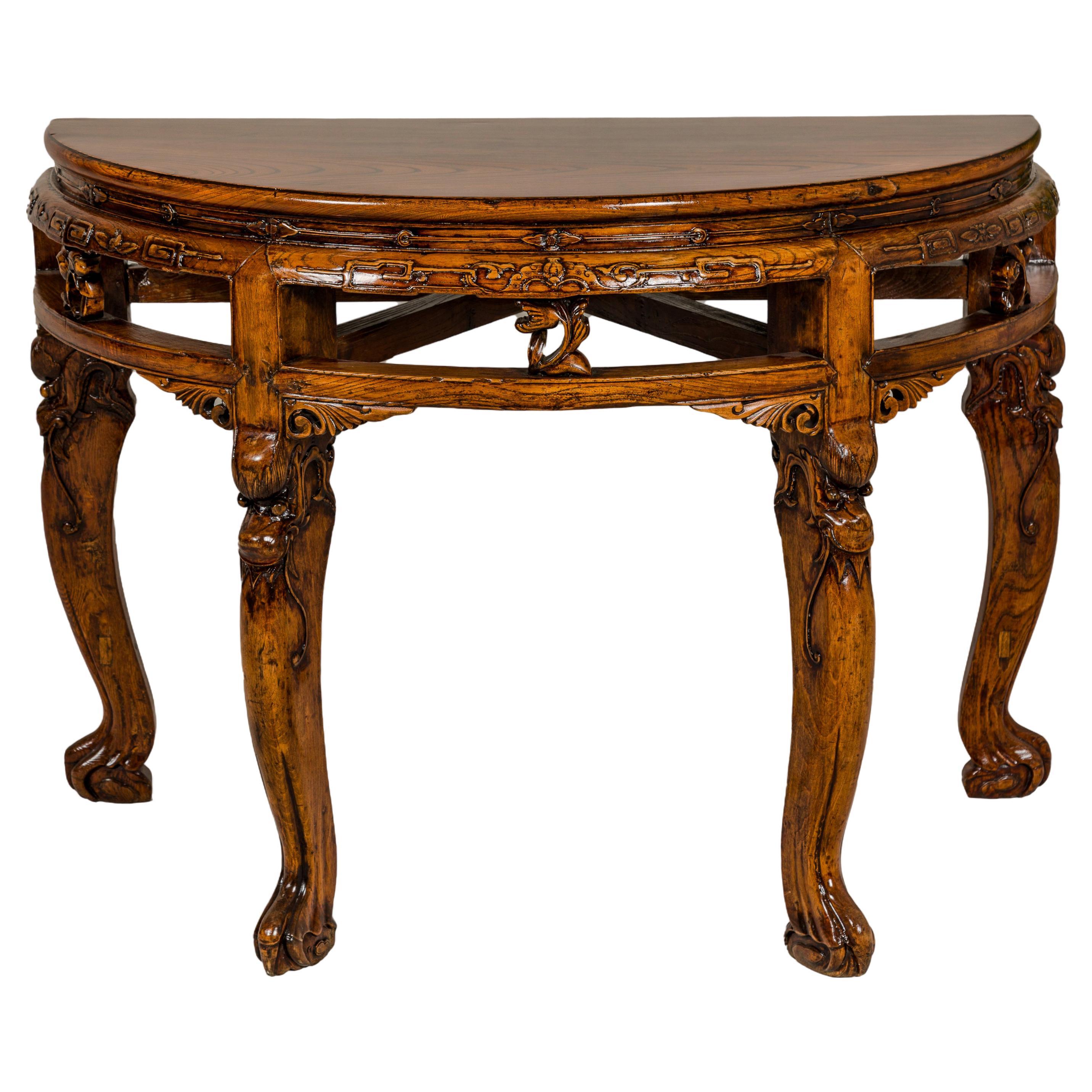 19th Century Wooden Demilune Table with Carved Mythical Creatures For Sale