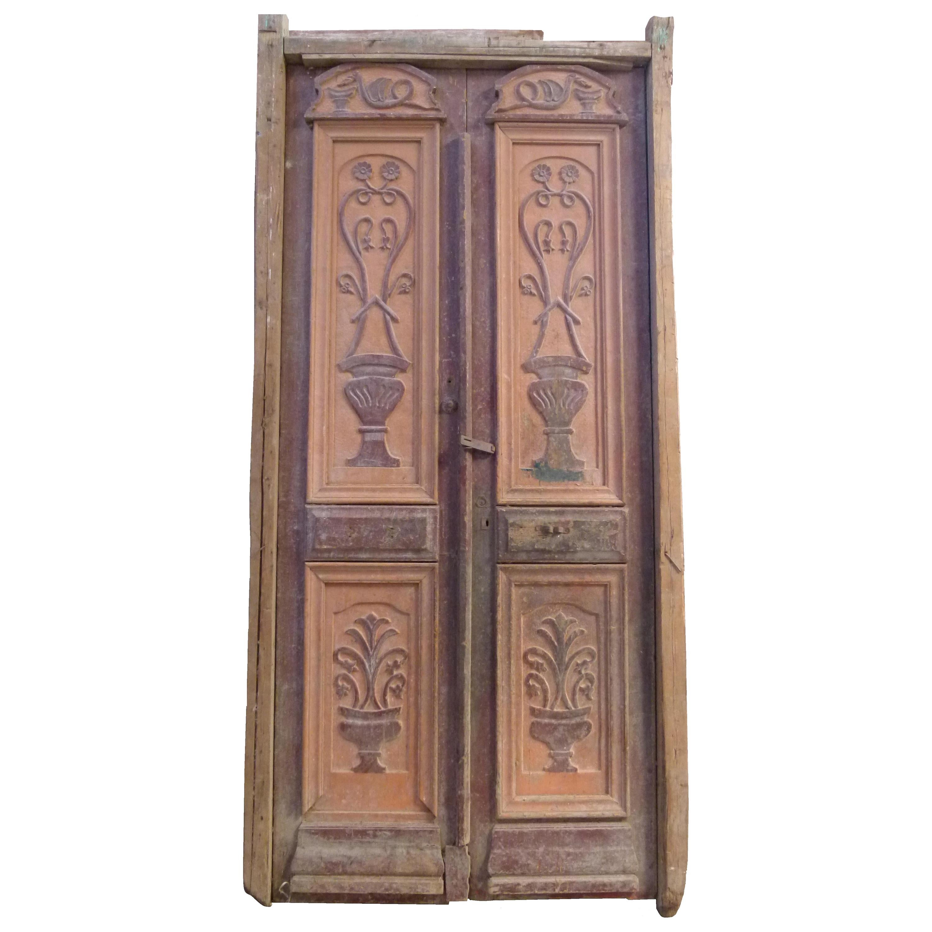 Wooden Double Front Door in Art Nouveau Style For Sale