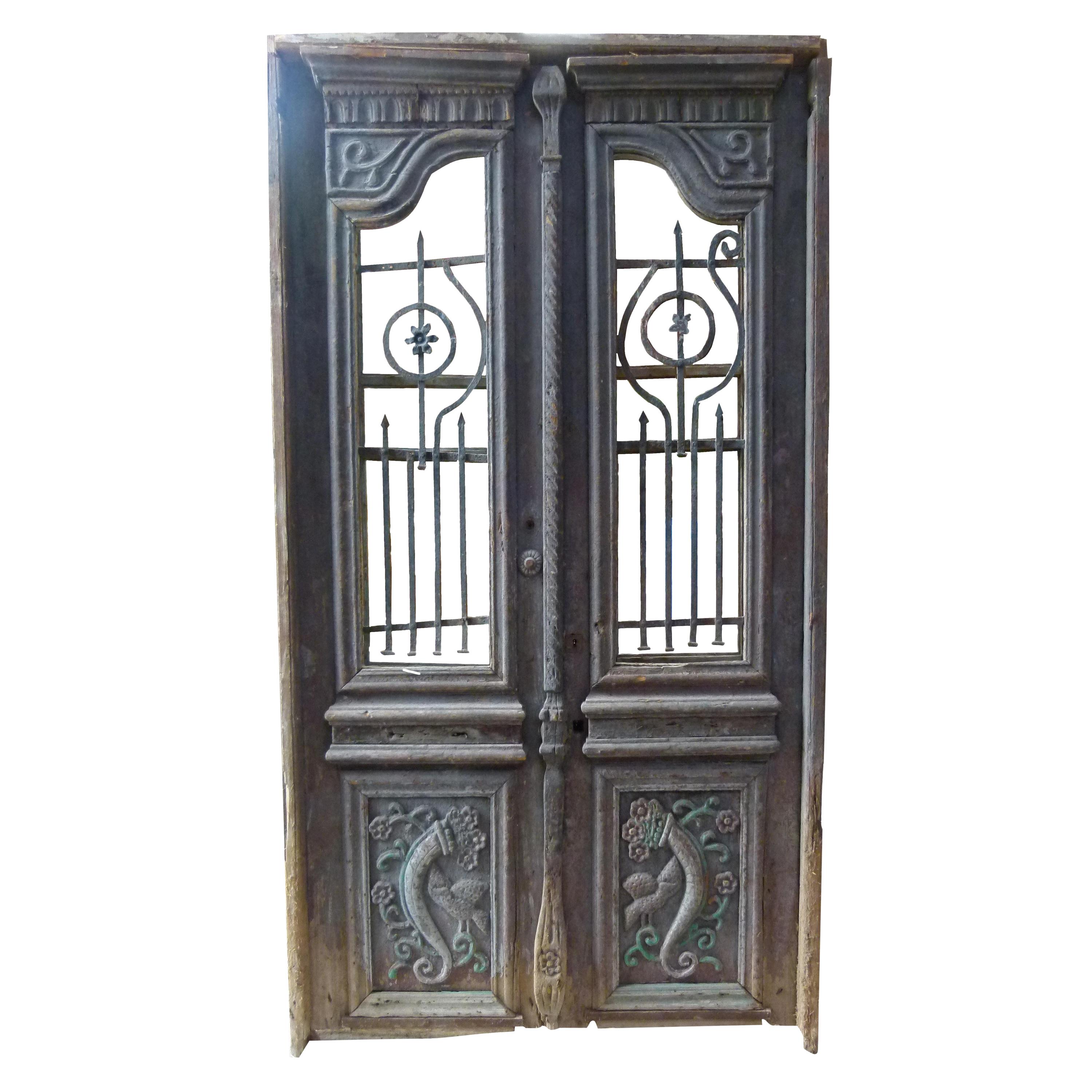 19th Century Wooden Double Front Door in Art Nouveau Style, Spain For Sale