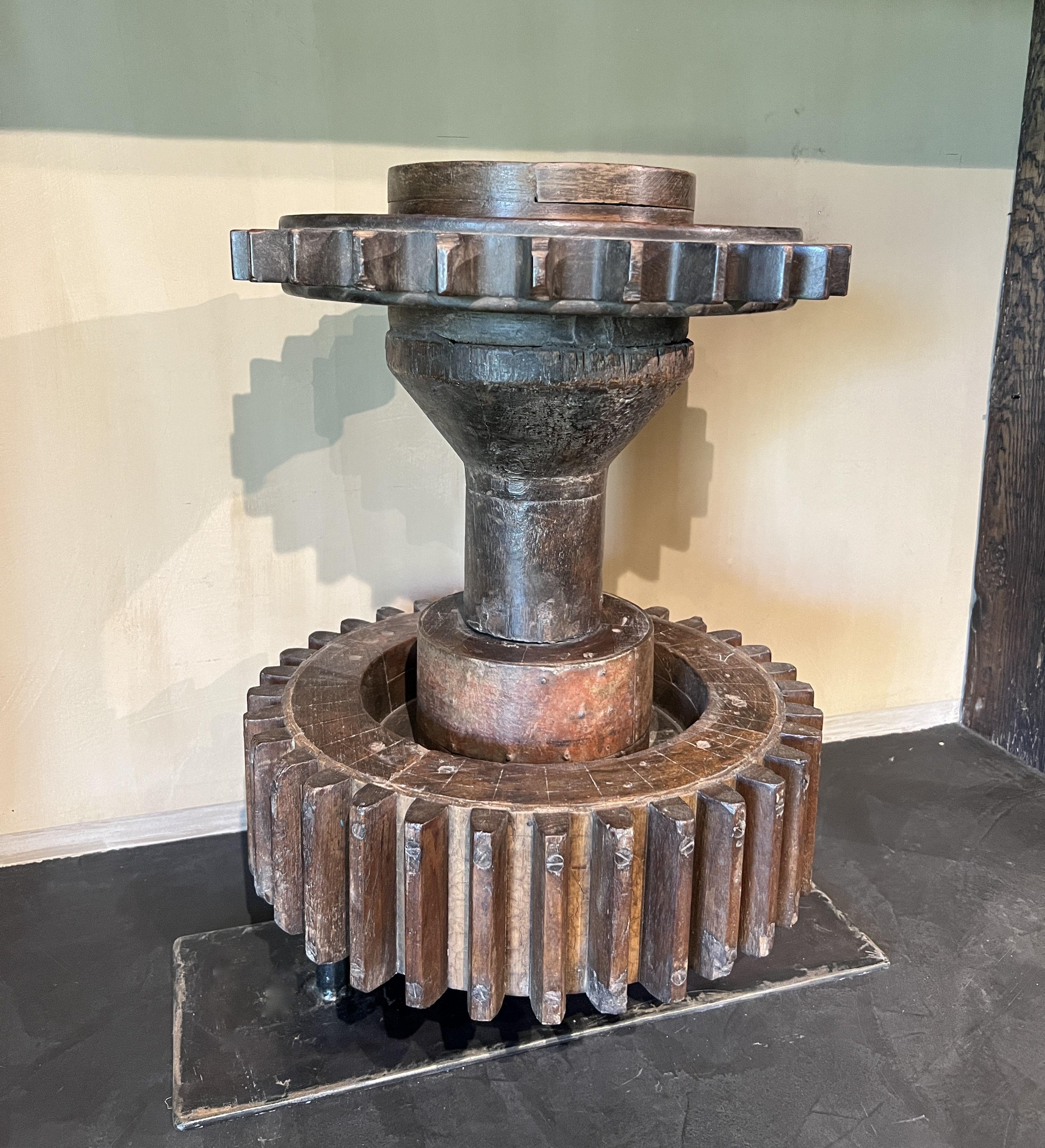 Hand-Carved 19th century wooden gear wheel For Sale
