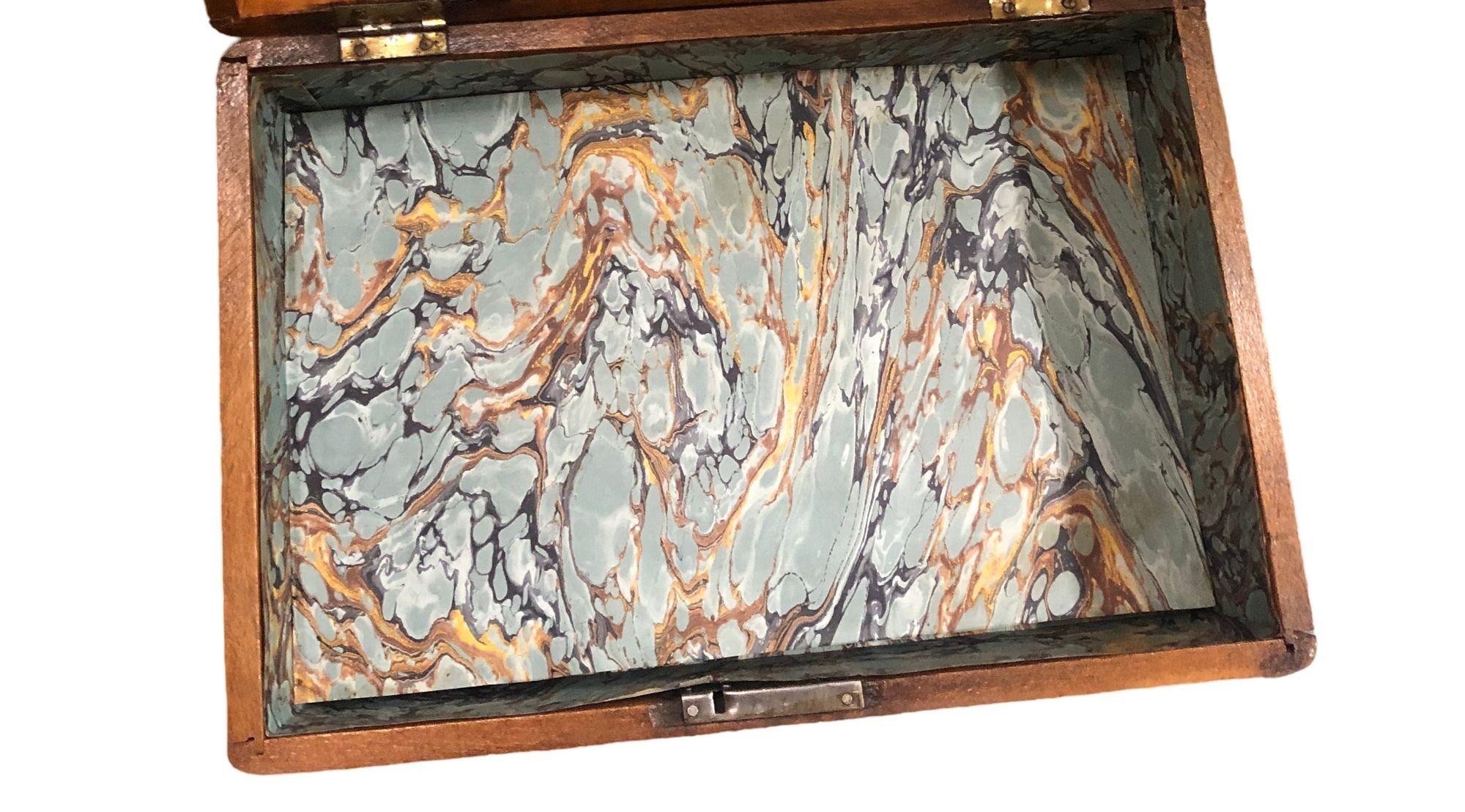 19th Century Wooden Keepsake Box With Metal Accents and Marble Paper Lined 7