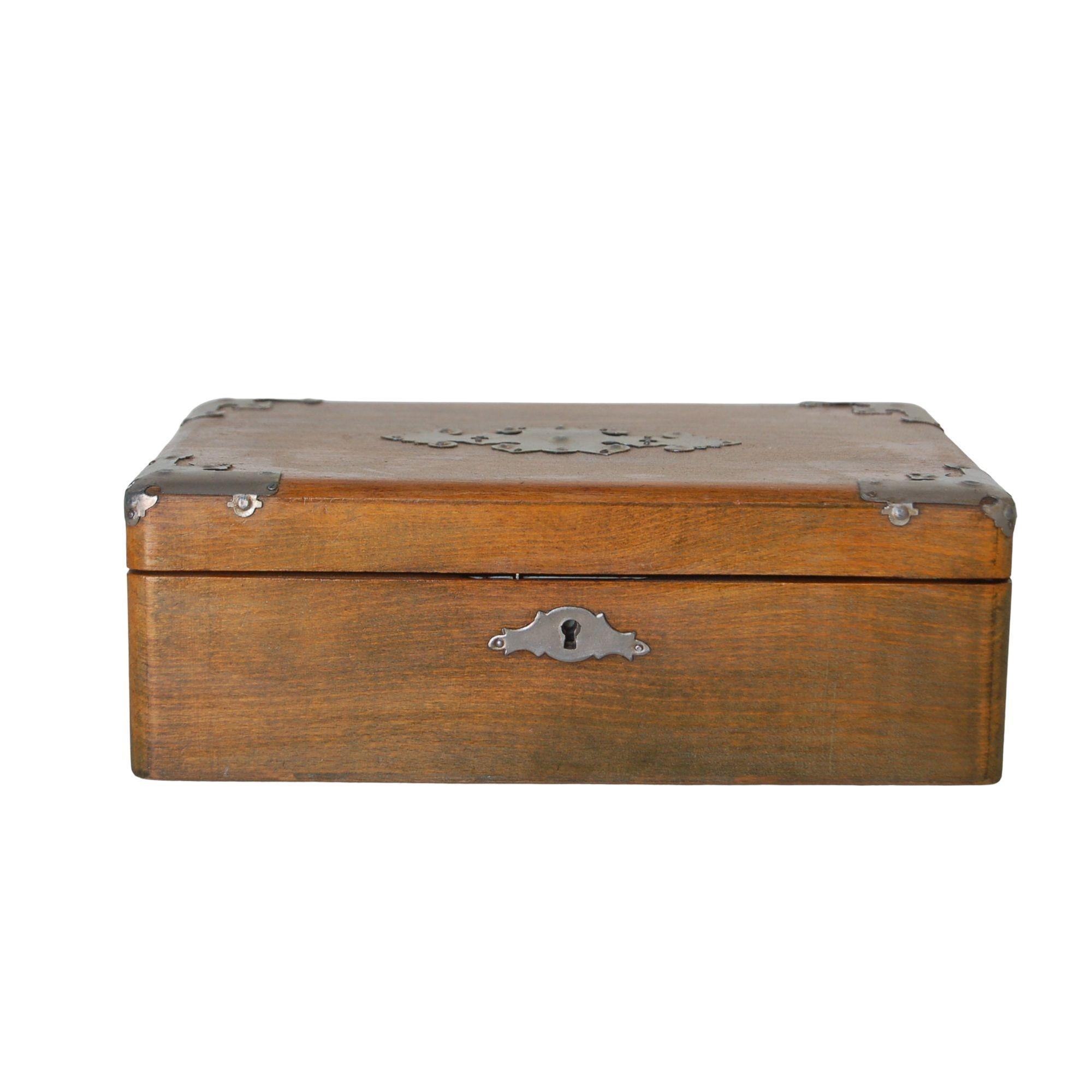 19th Century Wooden Keepsake Box With Metal Accents and Marble Paper Lined In Excellent Condition In Van Nuys, CA