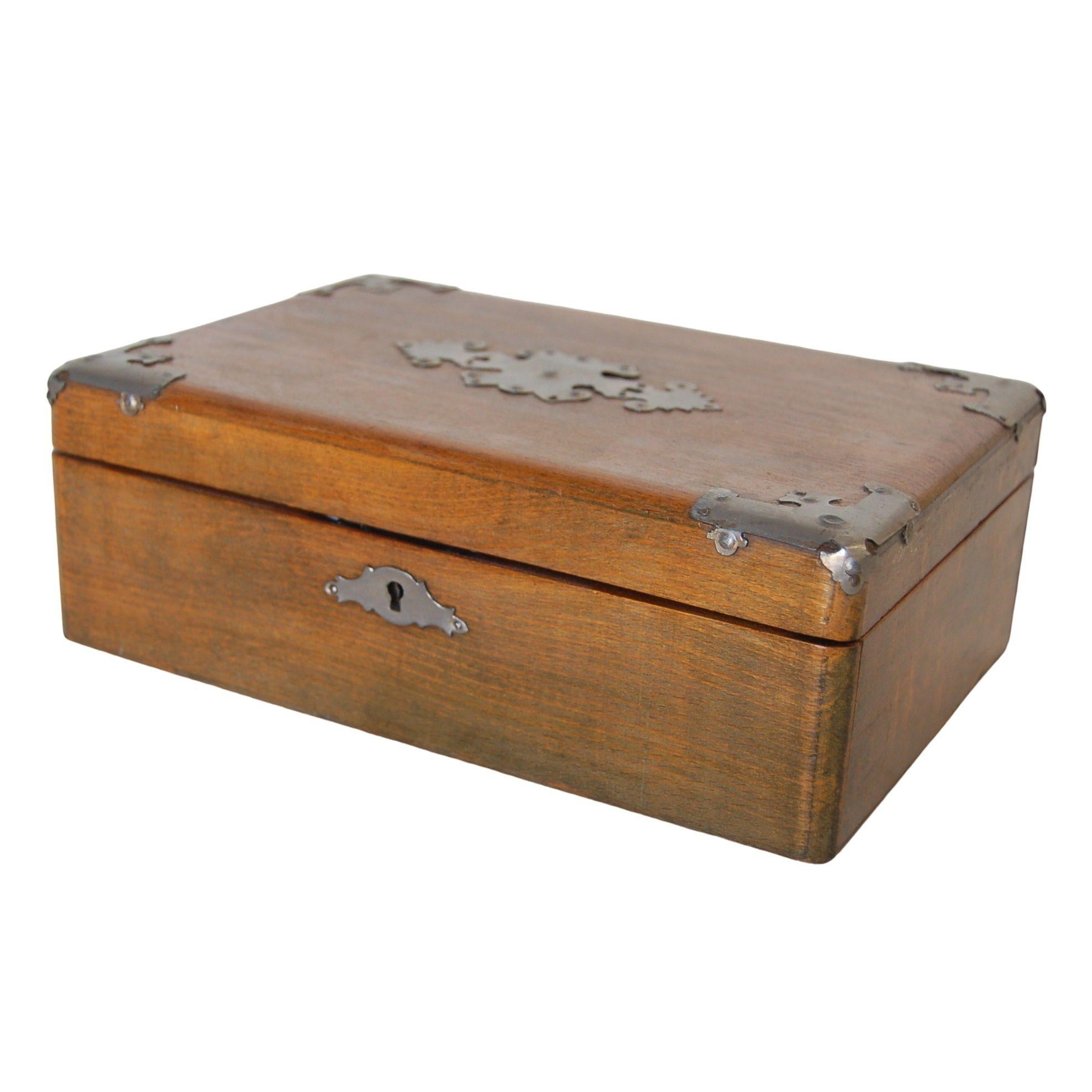 19th Century Wooden Keepsake Box With Metal Accents and Marble Paper Lined 1