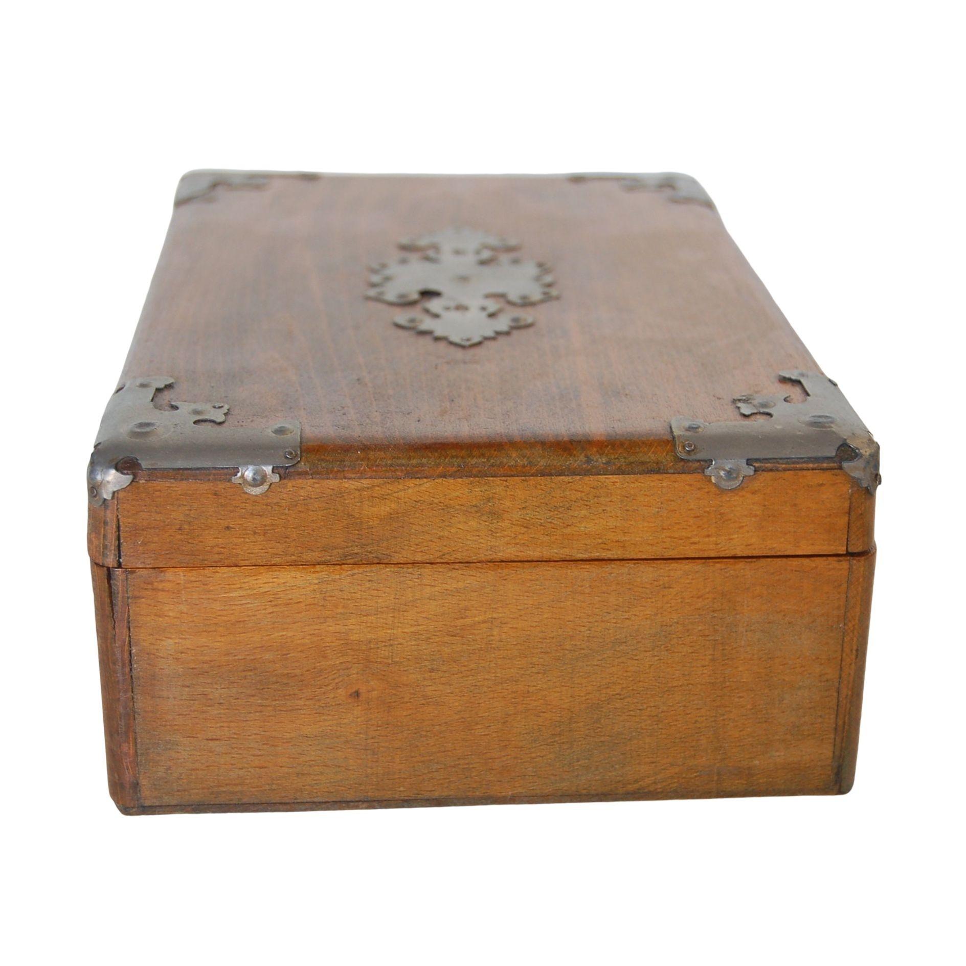19th Century Wooden Keepsake Box With Metal Accents and Marble Paper Lined 2