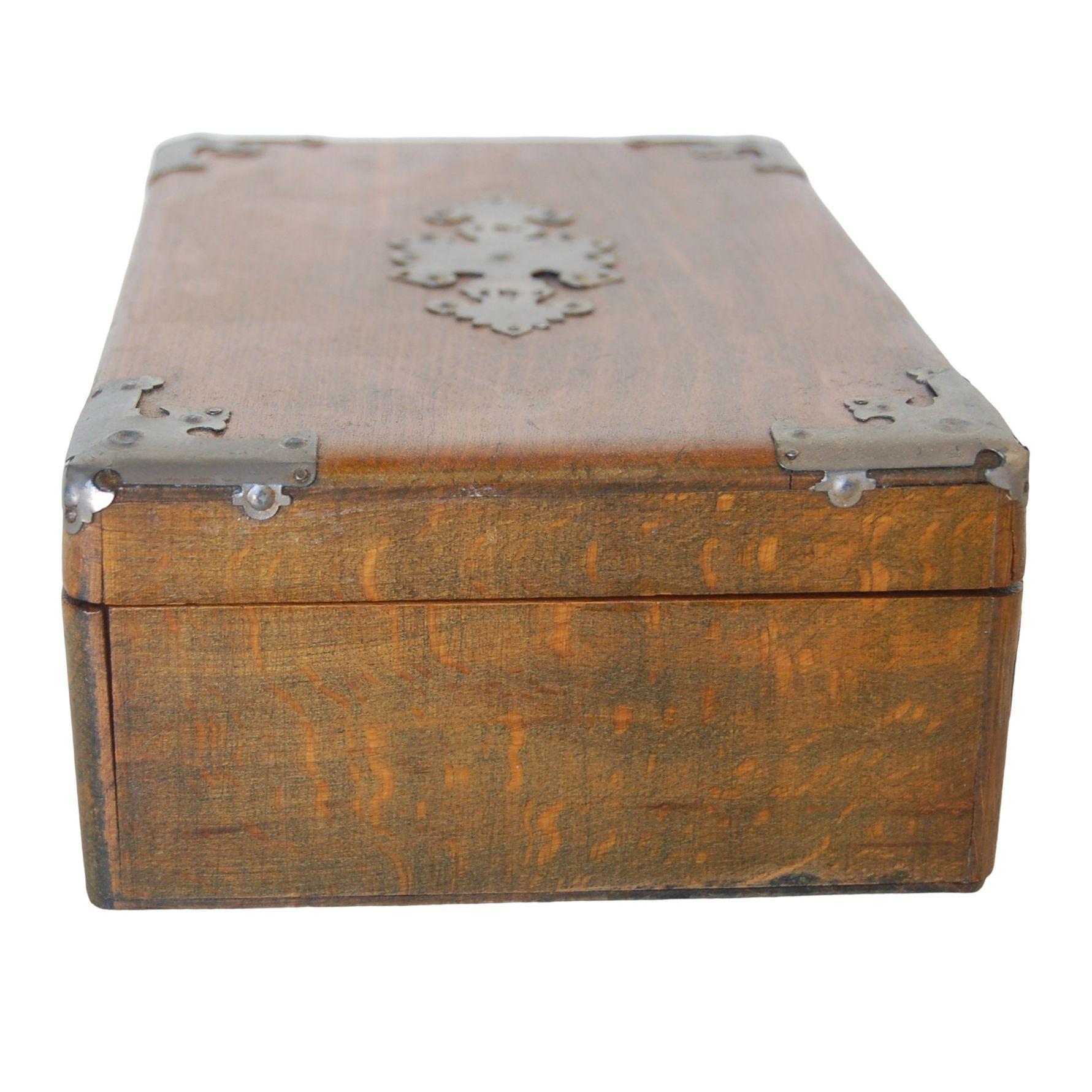 19th Century Wooden Keepsake Box With Metal Accents and Marble Paper Lined 3