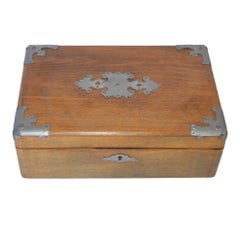 19th Century Wooden Keepsake Box With Metal Accents and Marble Paper Lined