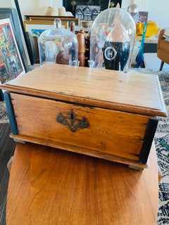 19th Century Wooden Lidded Box with Brass Escutcheon and Wrought Iron Hinges