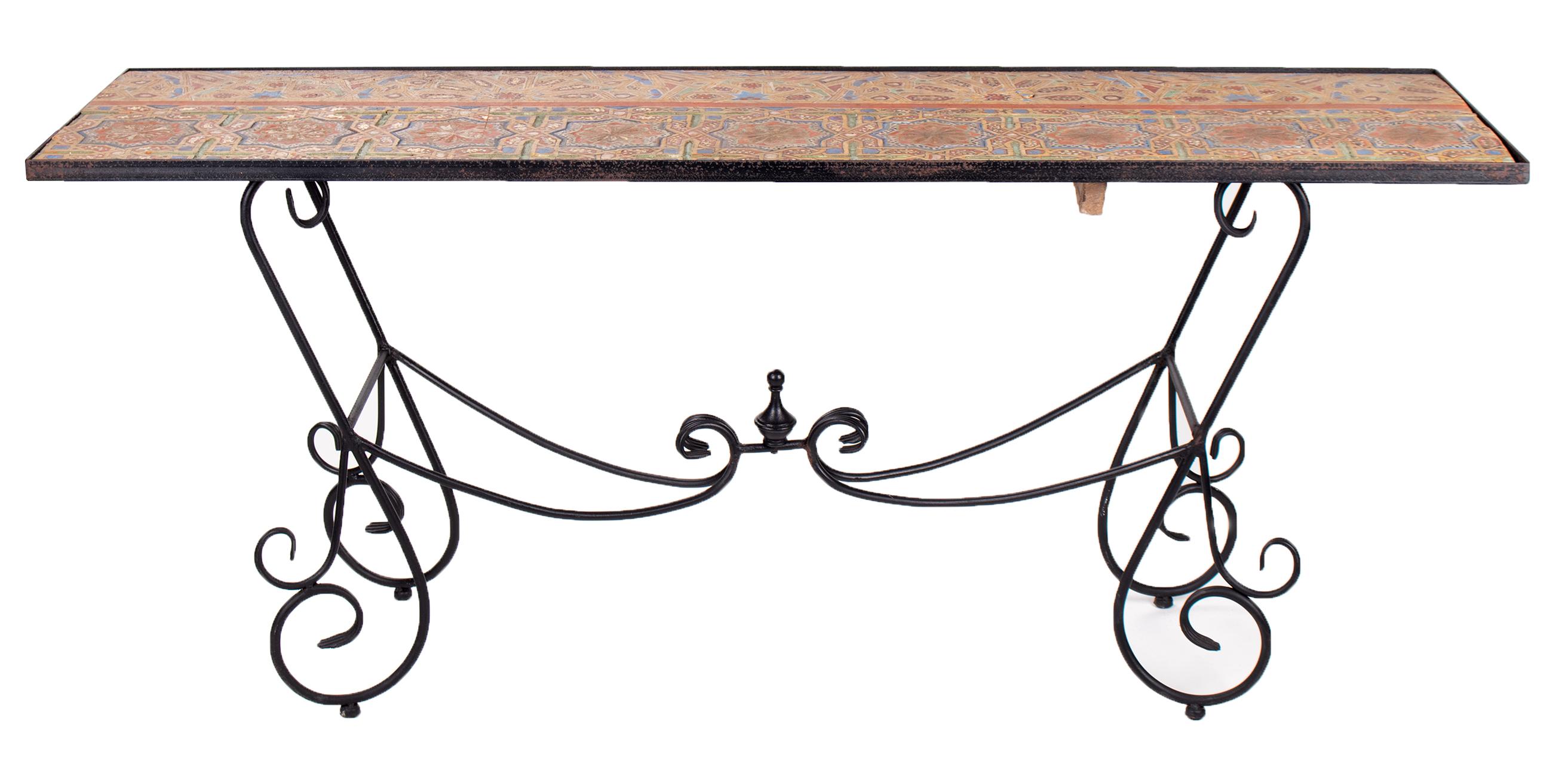 19th century wooden Orientalist painted relief console table with modern iron base.