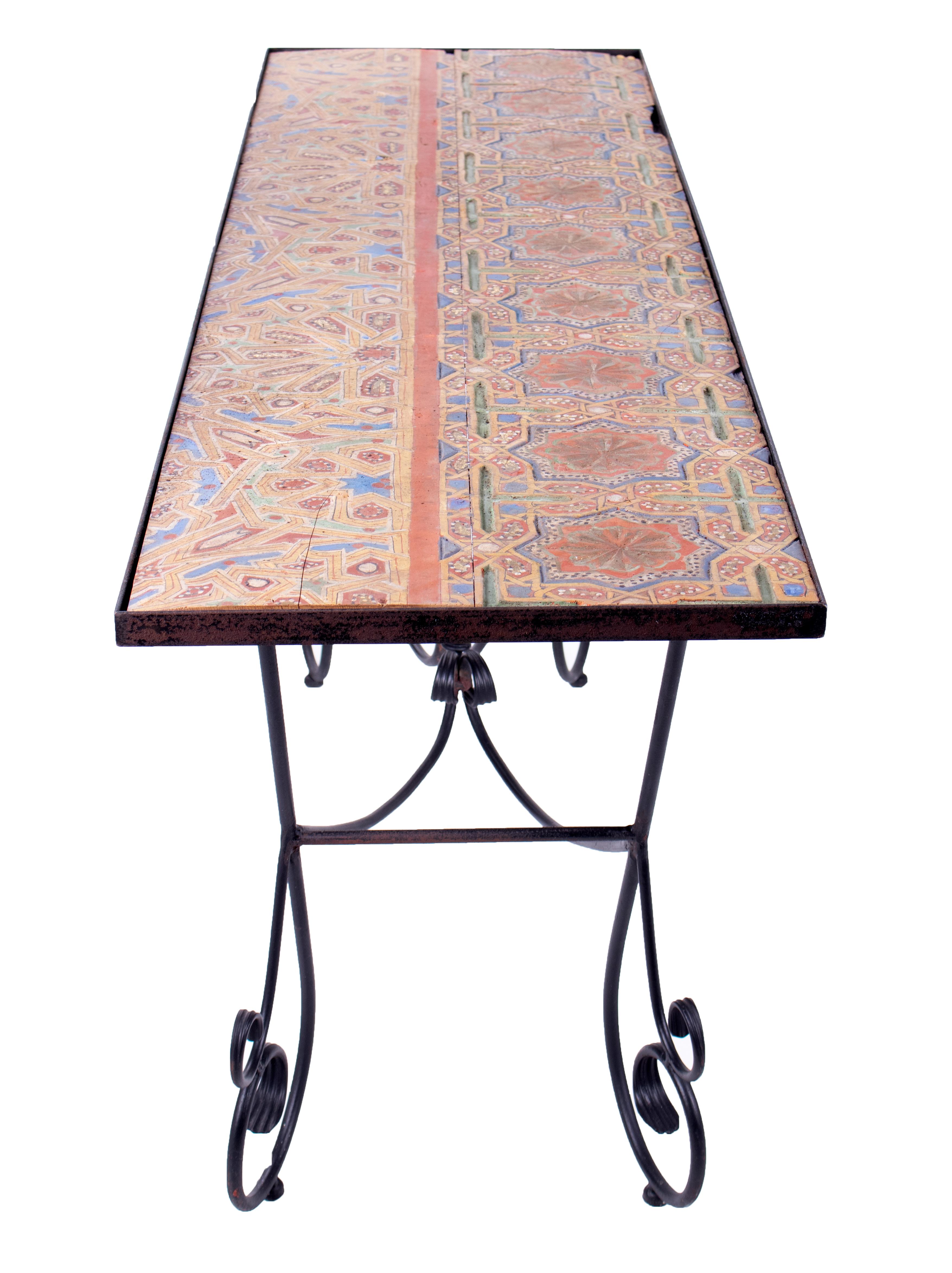 Polychromed 19th Century Wooden Orientalist Painted Relief Console Table with Iron Base For Sale