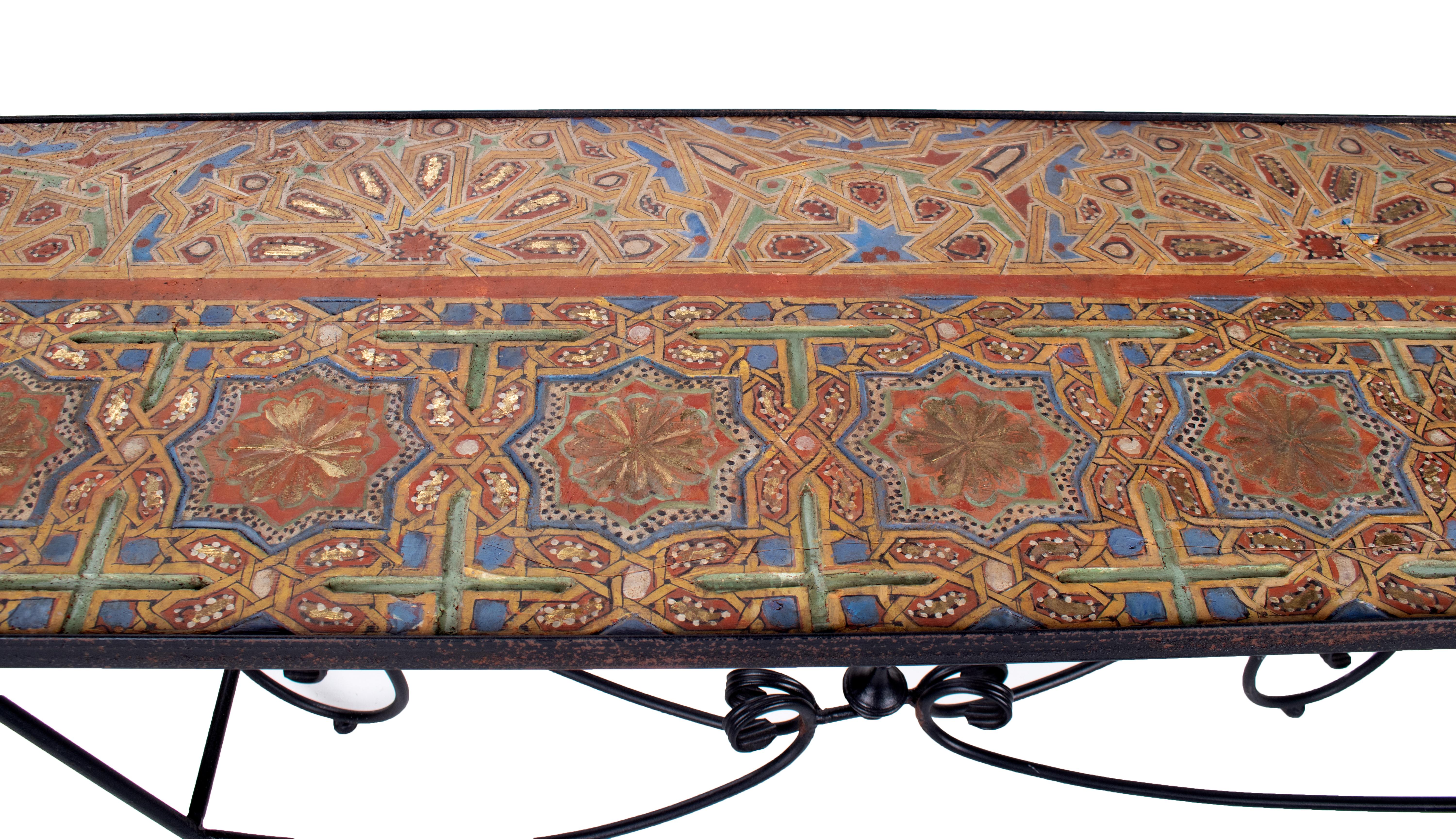 19th Century Wooden Orientalist Painted Relief Console Table with Iron Base For Sale 1