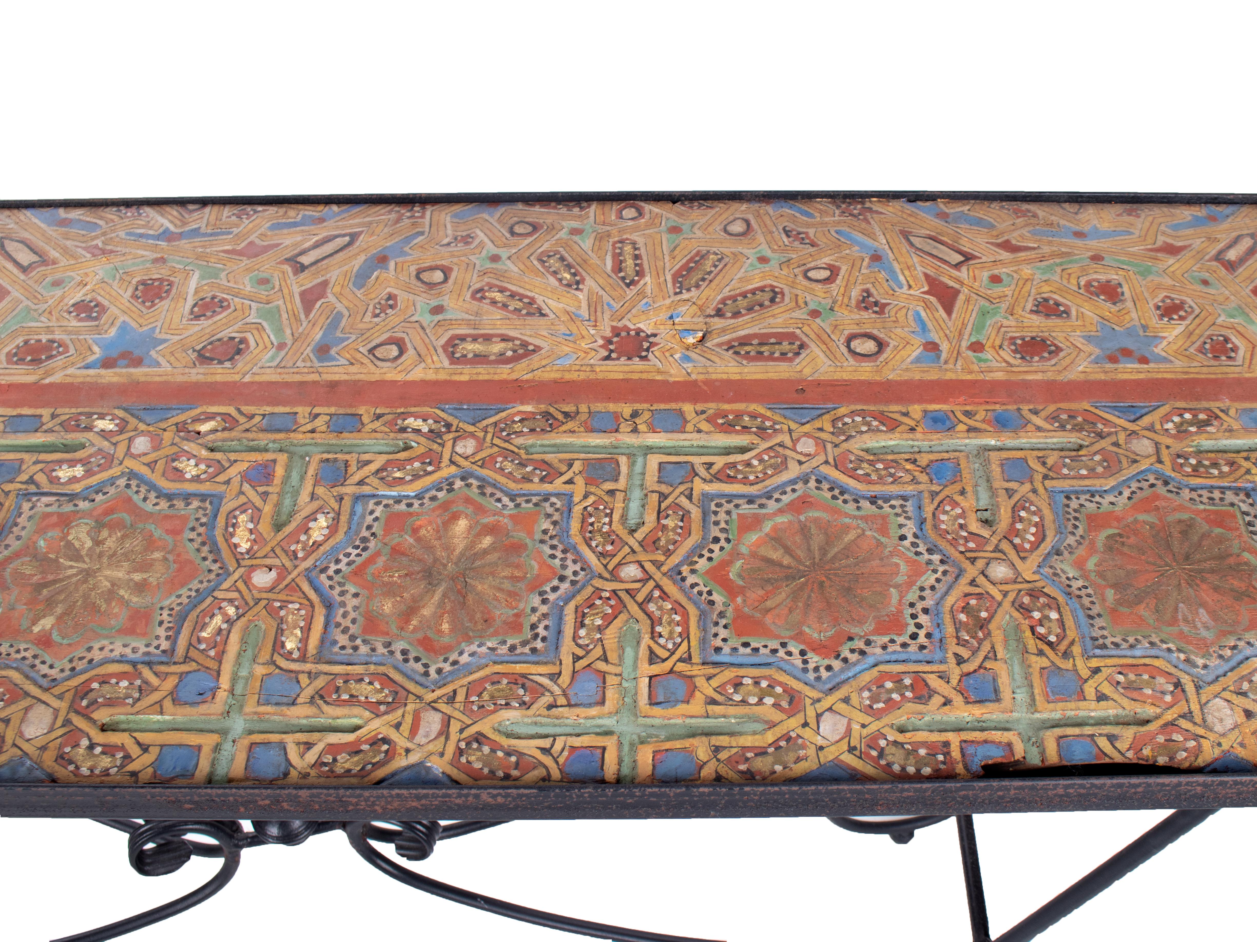 19th Century Wooden Orientalist Painted Relief Console Table with Iron Base For Sale 2