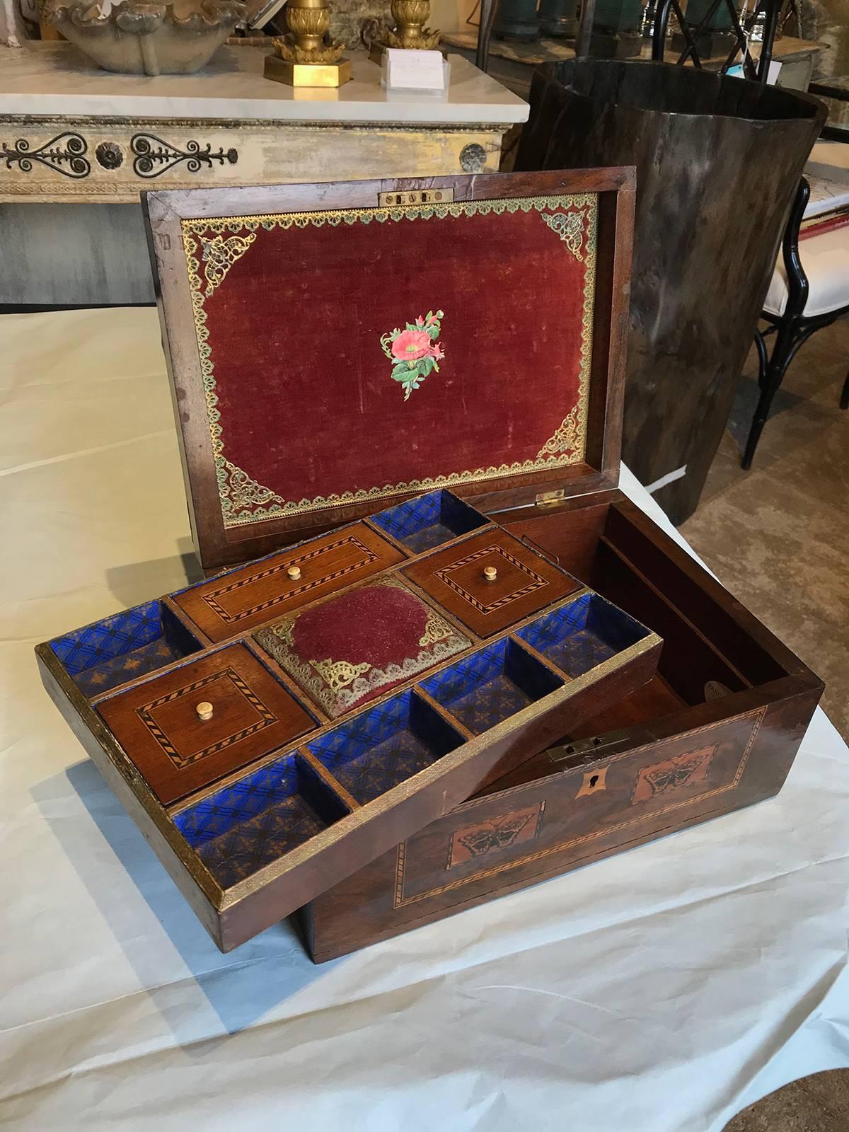 19th Century Wooden Sewing Box with Ship Inlaid In Good Condition In Atlanta, GA