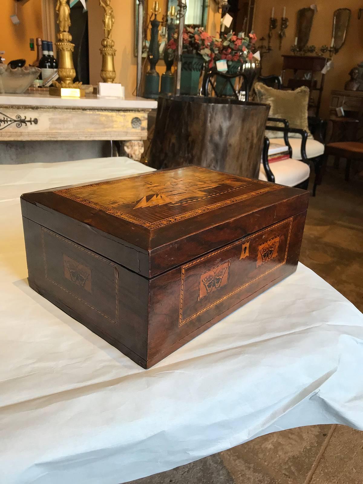 19th Century Wooden Sewing Box with Ship Inlaid 1
